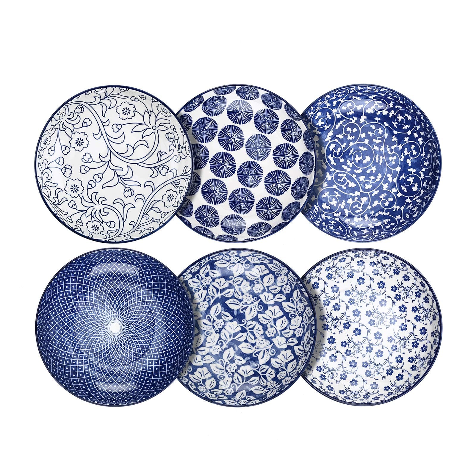 Porcelain Salad Pasta Bowls, Serving bowls, Microwave & Dishwasher Safe, Sturdy & Stackable - 26 Ounce, Set of 6, Vintage Blue