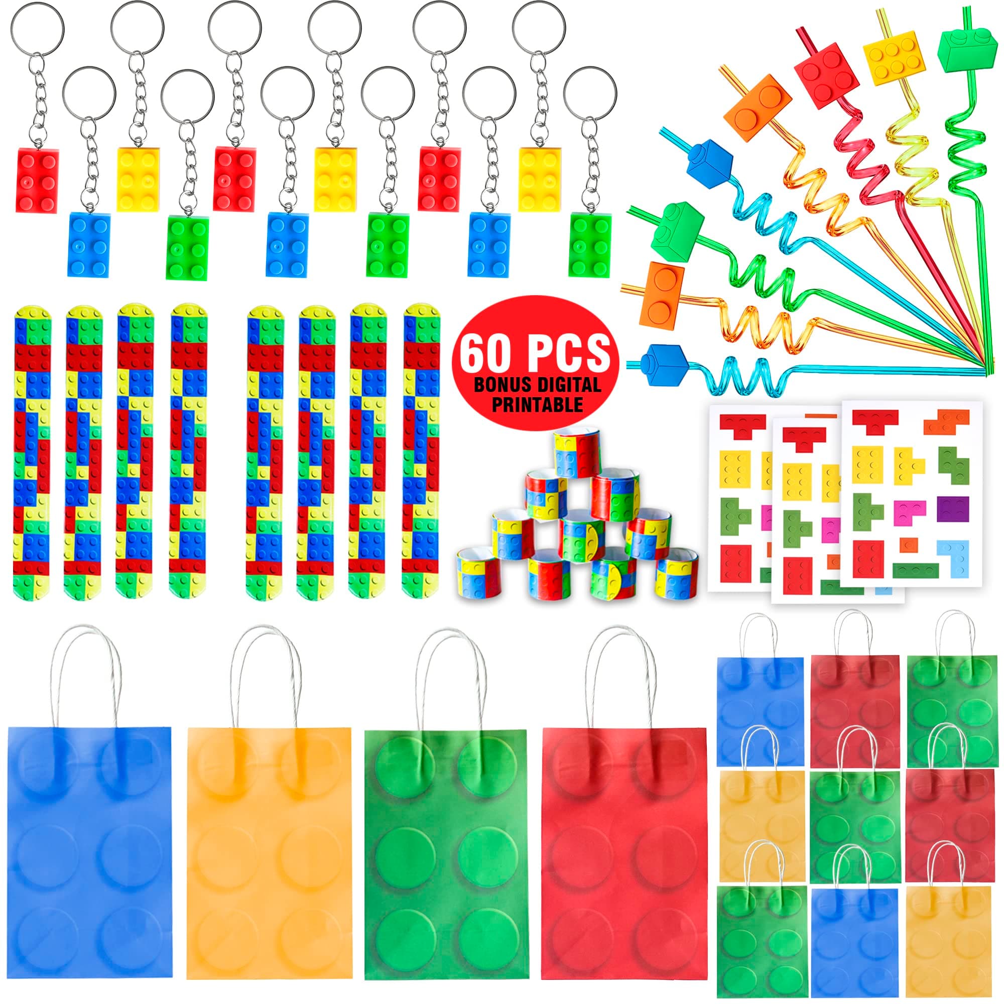 Empire Party Supply 60 Pcs Building Blocks Party Favors For Kids, Set Of 12 Brick Style Keychain Wristband Treat Bag Straws Stickers for Building Blocks Birthday Party Supplies