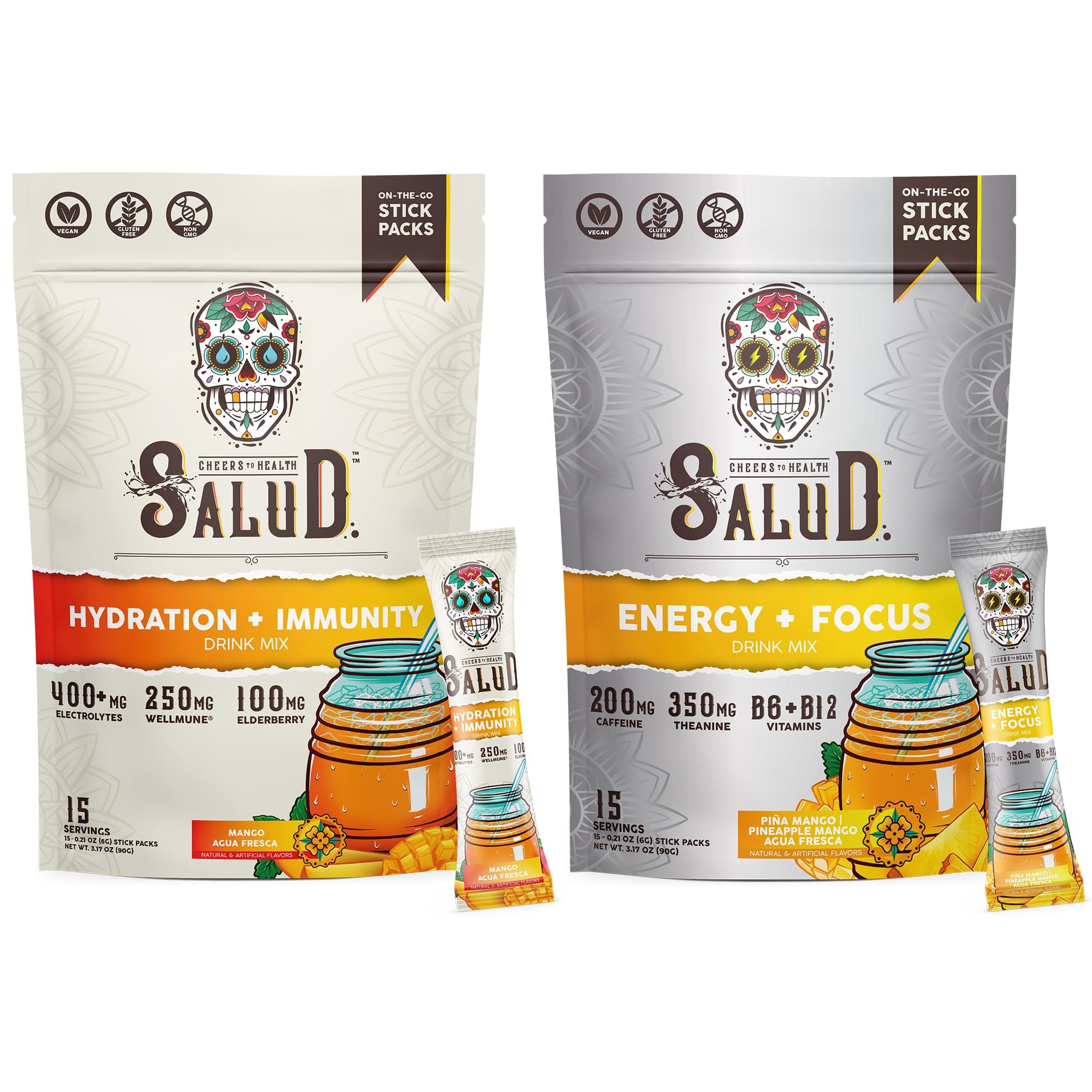 Salud 2-Pack | 2-in-1 Hydration + Immunity (Mango) & Energy + Focus (Pineapple Mango) – 15 Servings Each, Agua Fresca Drink Mix, Non-GMO, Gluten Free, Vegan, Low Calorie, 1g of Sugar