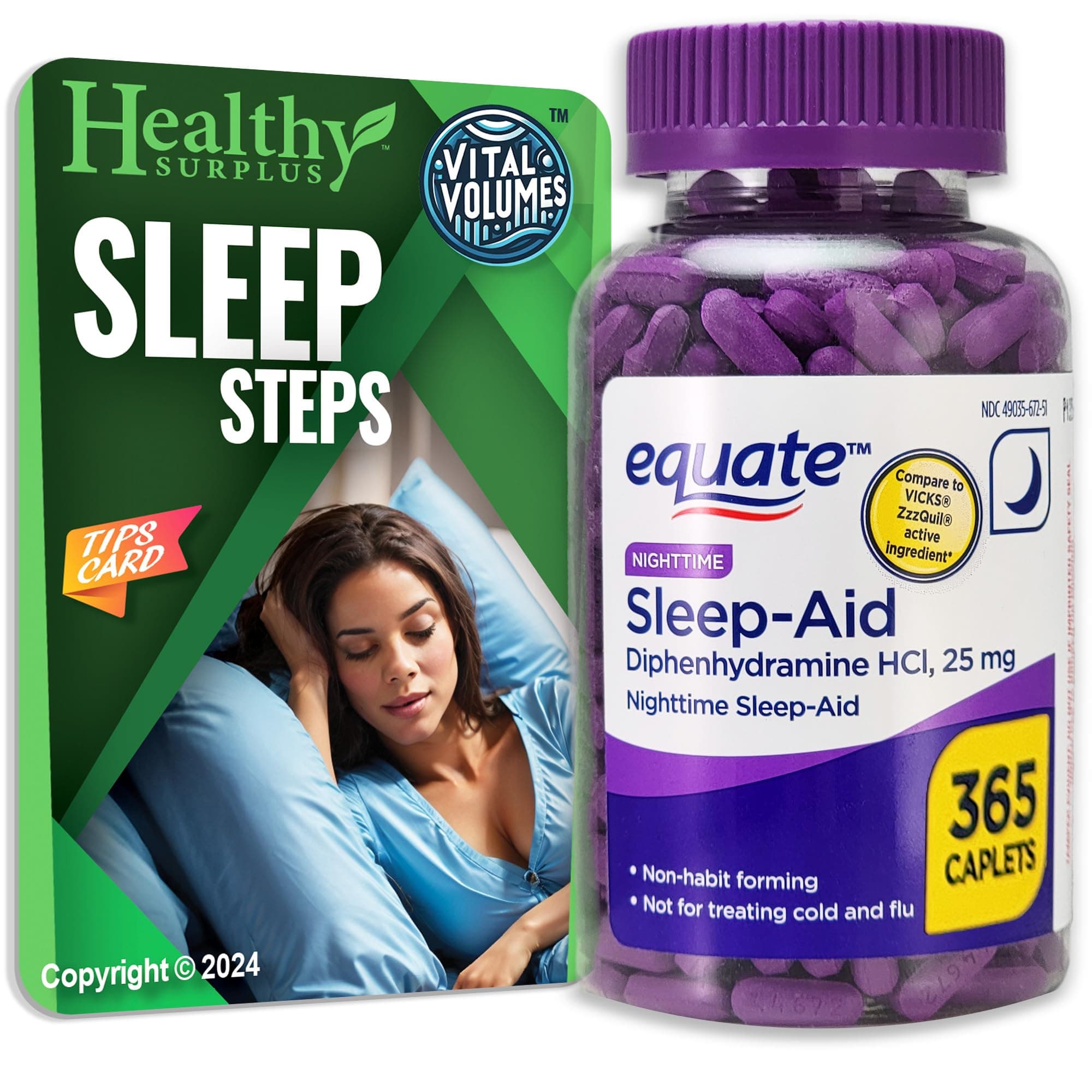 Equate Sleep-Aid Diphenhydramine HCI 25 mg 365 Caplets and Vital Volumes Sleep Steps Tips Card
