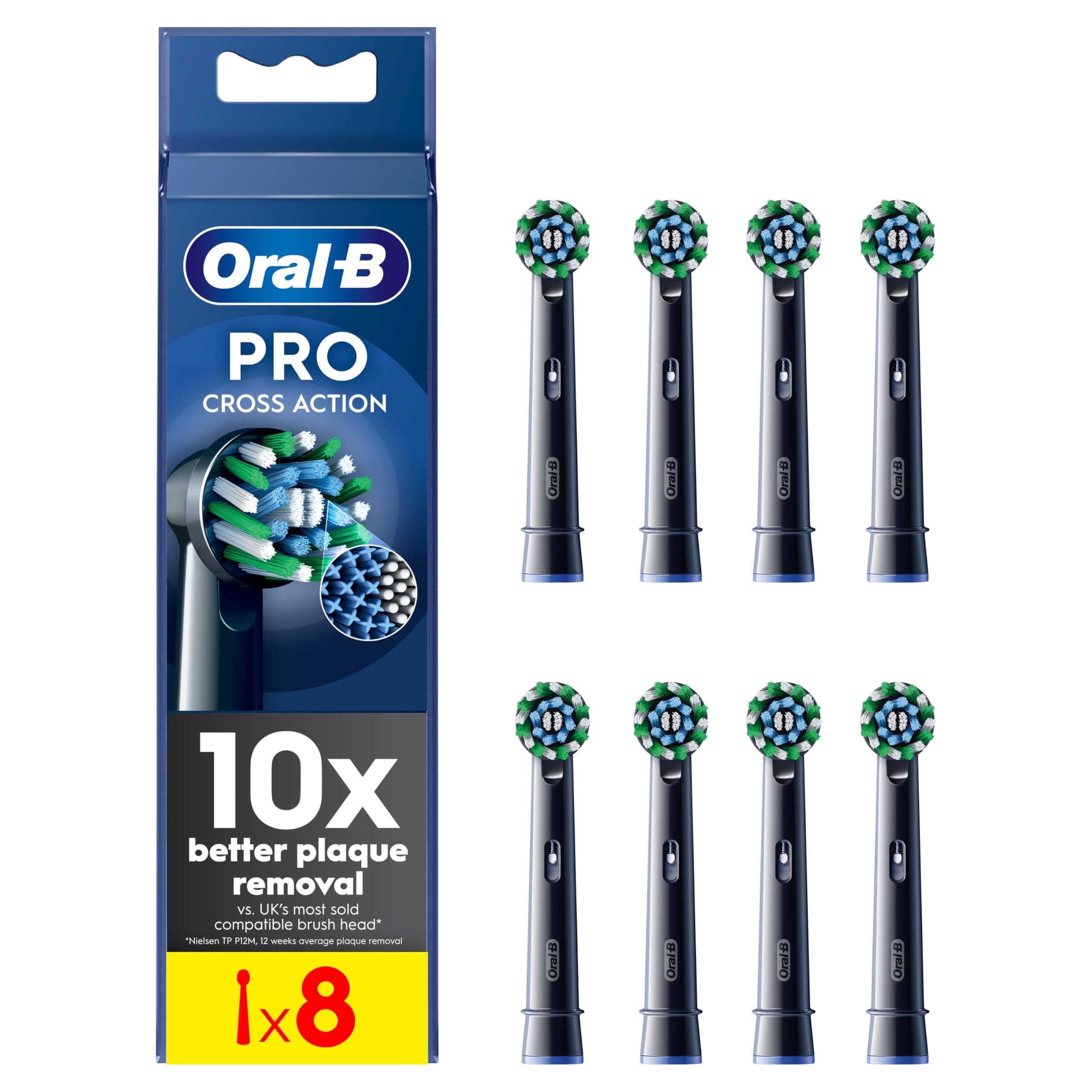 Oral-B Pro Cross Action Electric Toothbrush Head, Oral B Electric Toothbrush Heads, X-Shape and Angled Bristles for Deeper Plaque Removal, Pack of 8 Replacement Toothbrush Heads, Black