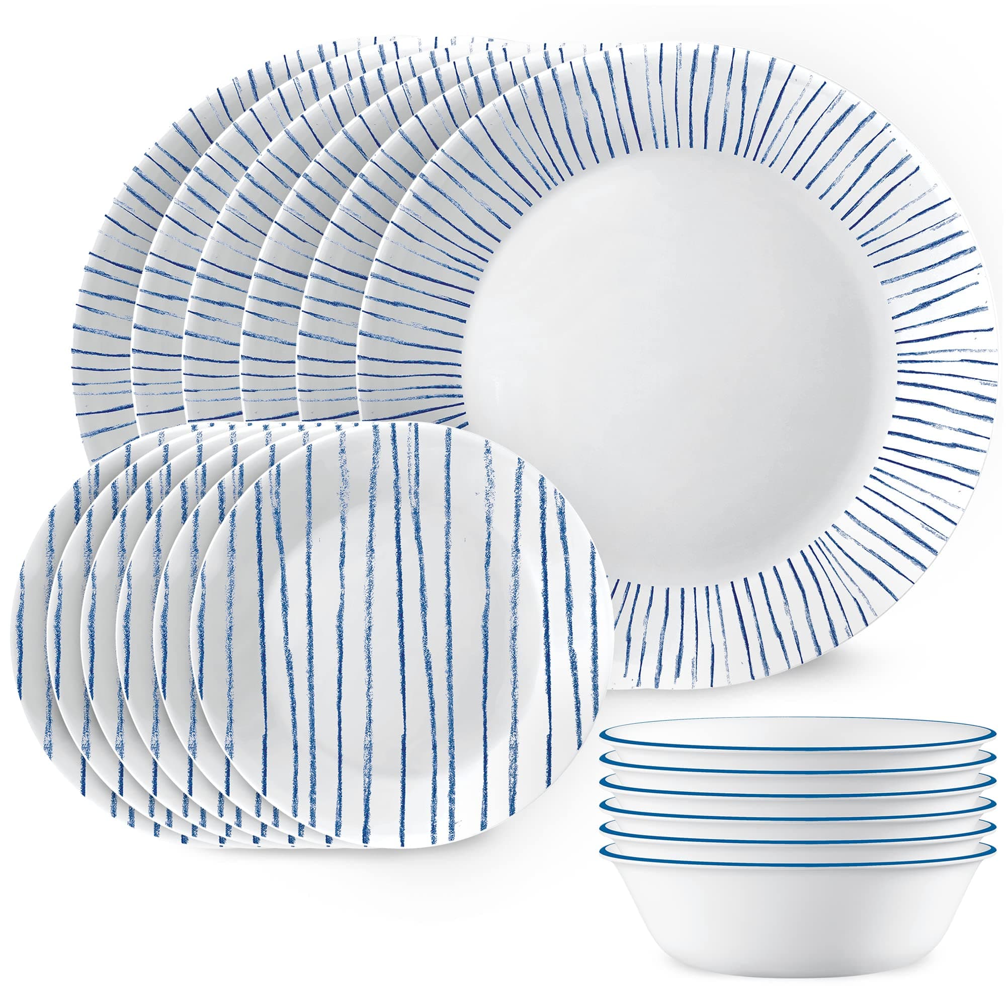 18-Piece Dinnerware Set, Service for 6, Lightweight Round Plates and Bowls Set, Vitrelle Triple Layer Glass, Chip Resistant, Microwave and Dishwasher Safe, Nautical Stripes
