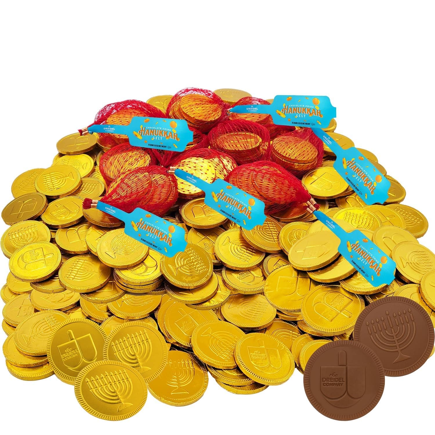 Hanukkah Chocolate Gelt, 24-Mesh Bags of Milk Chocolate Coins, Kosher Certified OU-D Dairy Dreidel and Menorah Design Chanukah Coins