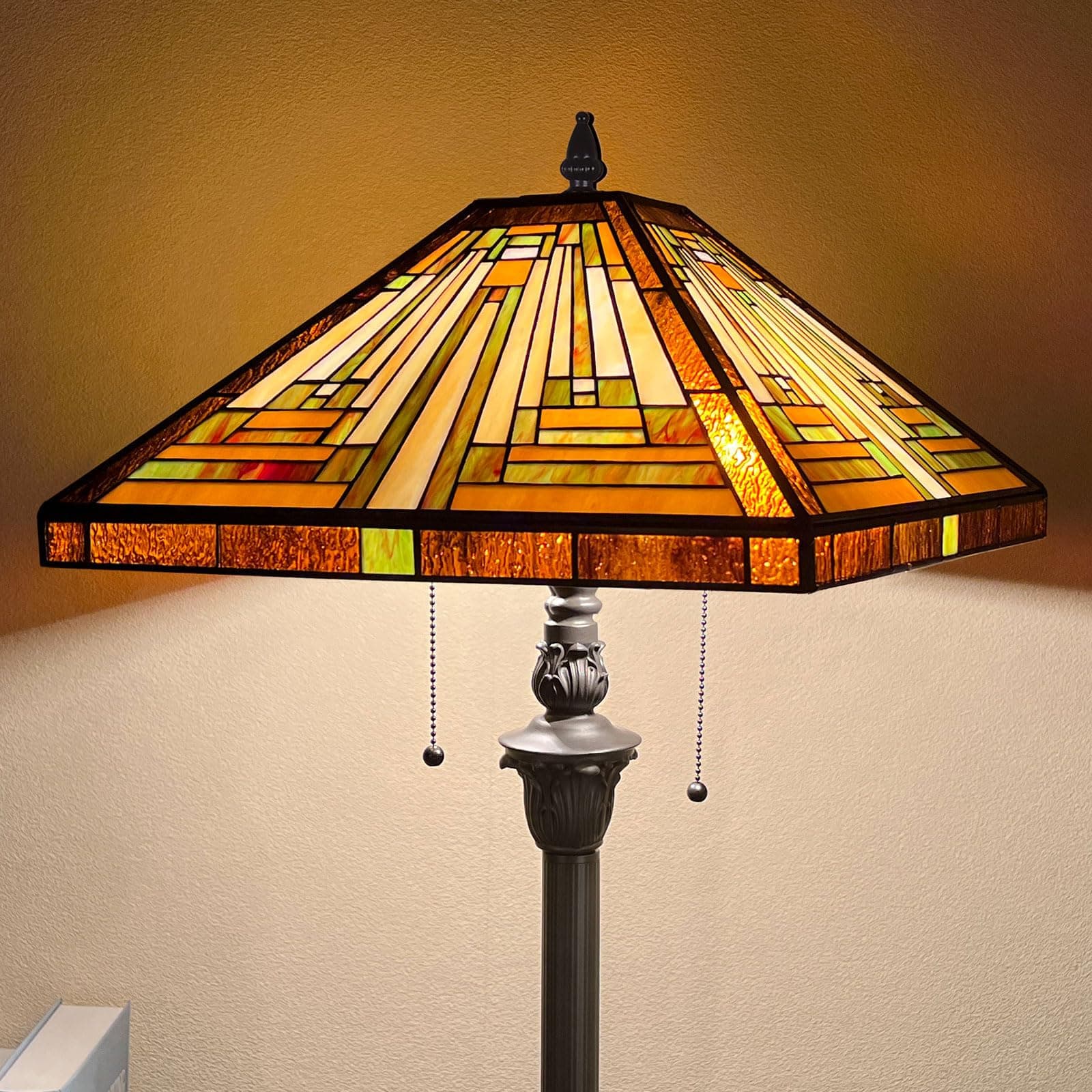 Capulina Tiffany Lamp Stained Glass Floor Lamp 2-Light 16X16X63 Inches Amber Brown Mission Antique Tiffany Style Standing Reading Lighting Lamp for Living Room Bedroom Home Office