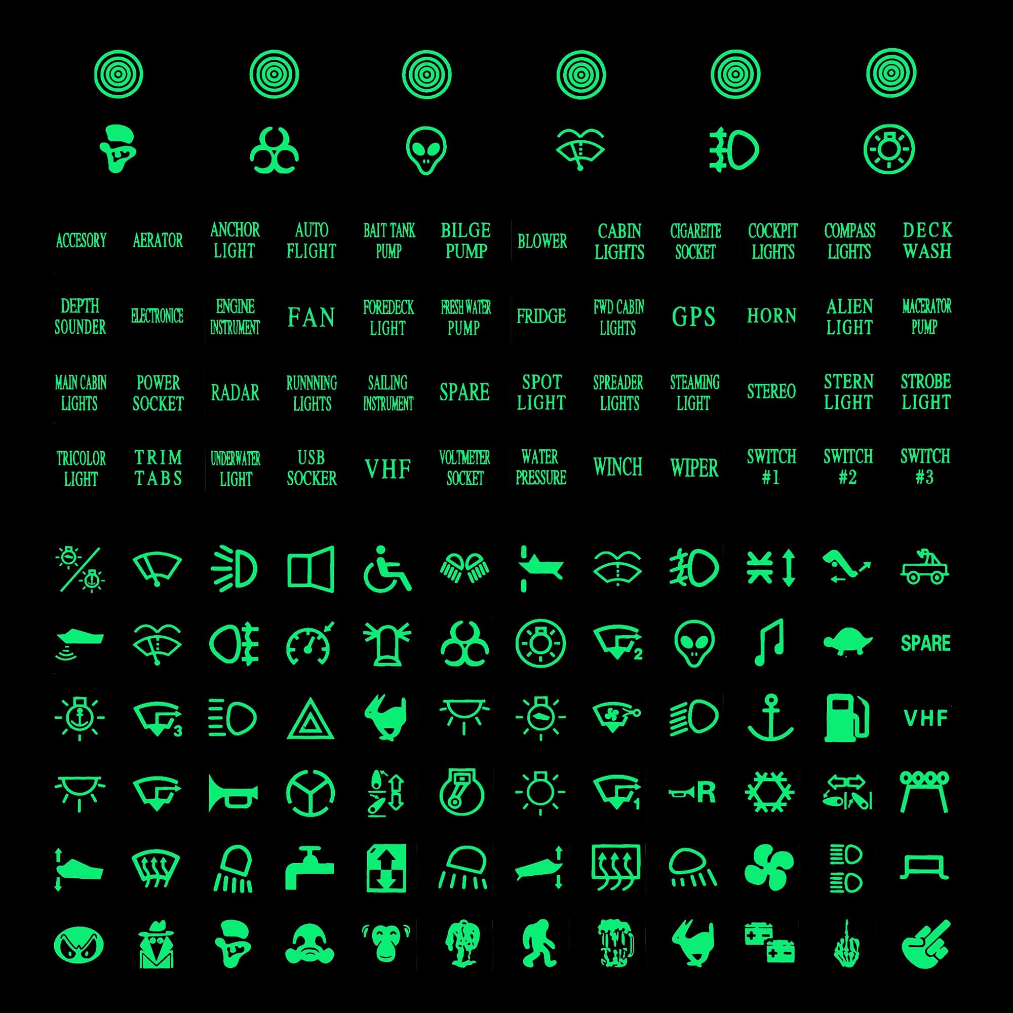 TOMALL 132pcs Centre Console Switch Luminous Stickers for Car Night Safety Luminous Decals Circuit Panel Label Glow in The Dark Accessories for Boat Trailer Car Headlight Control GPS