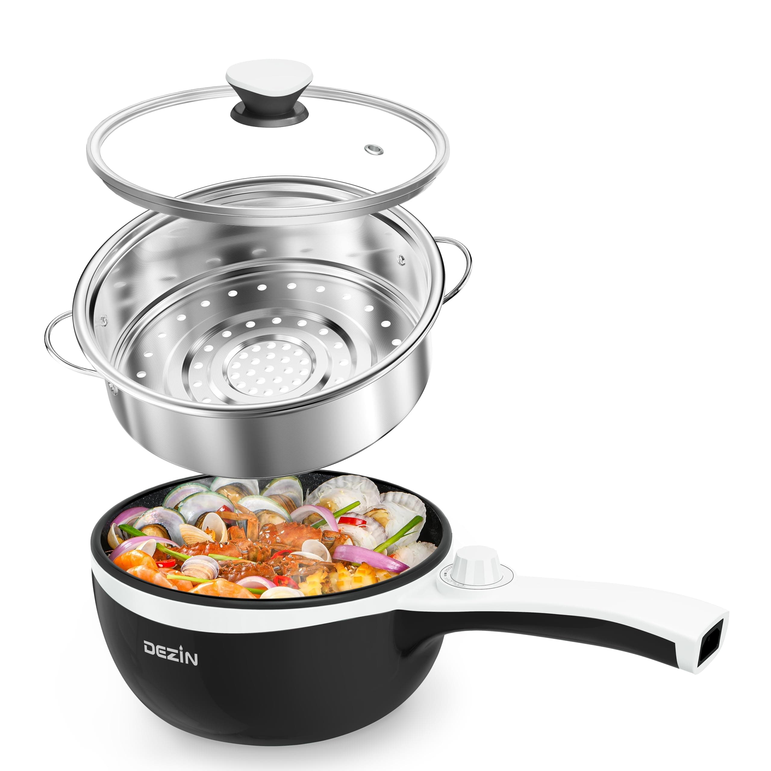 Hot Pot Electric with Steamer Upgraded, Non-Stick Sauté Pan, Rapid Noodles Electric Pot, 1.5L Mini Pot for Steak, Egg, Fried Rice, Ramen, Oatmeal, Soup with Power Adjustment