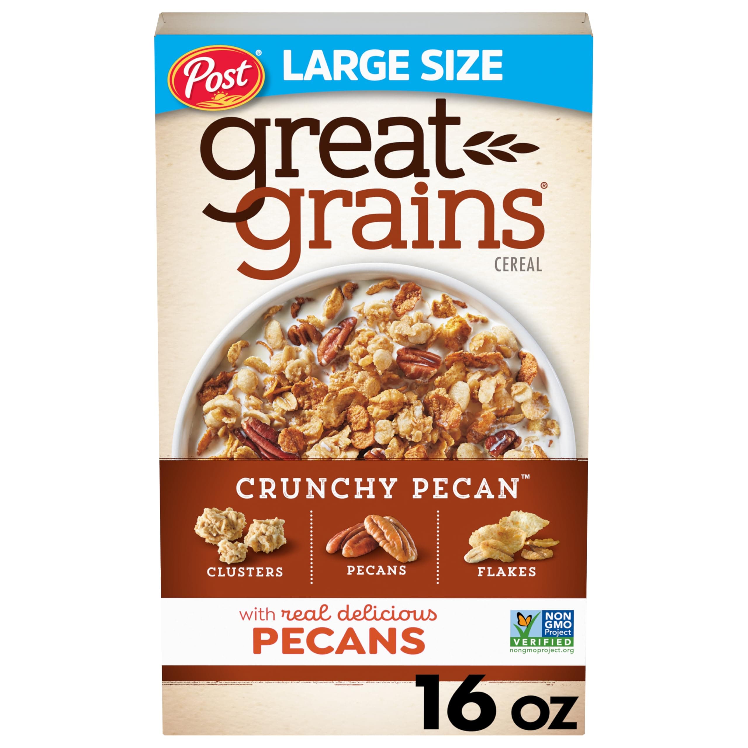 Great Grains Crunchy Pecans Breakfast Cereal for Adults, Crispy Flakes and Granola Clusters, Non-GMO, Heart Healthy, Made with Whole Grain, 16 oz Box