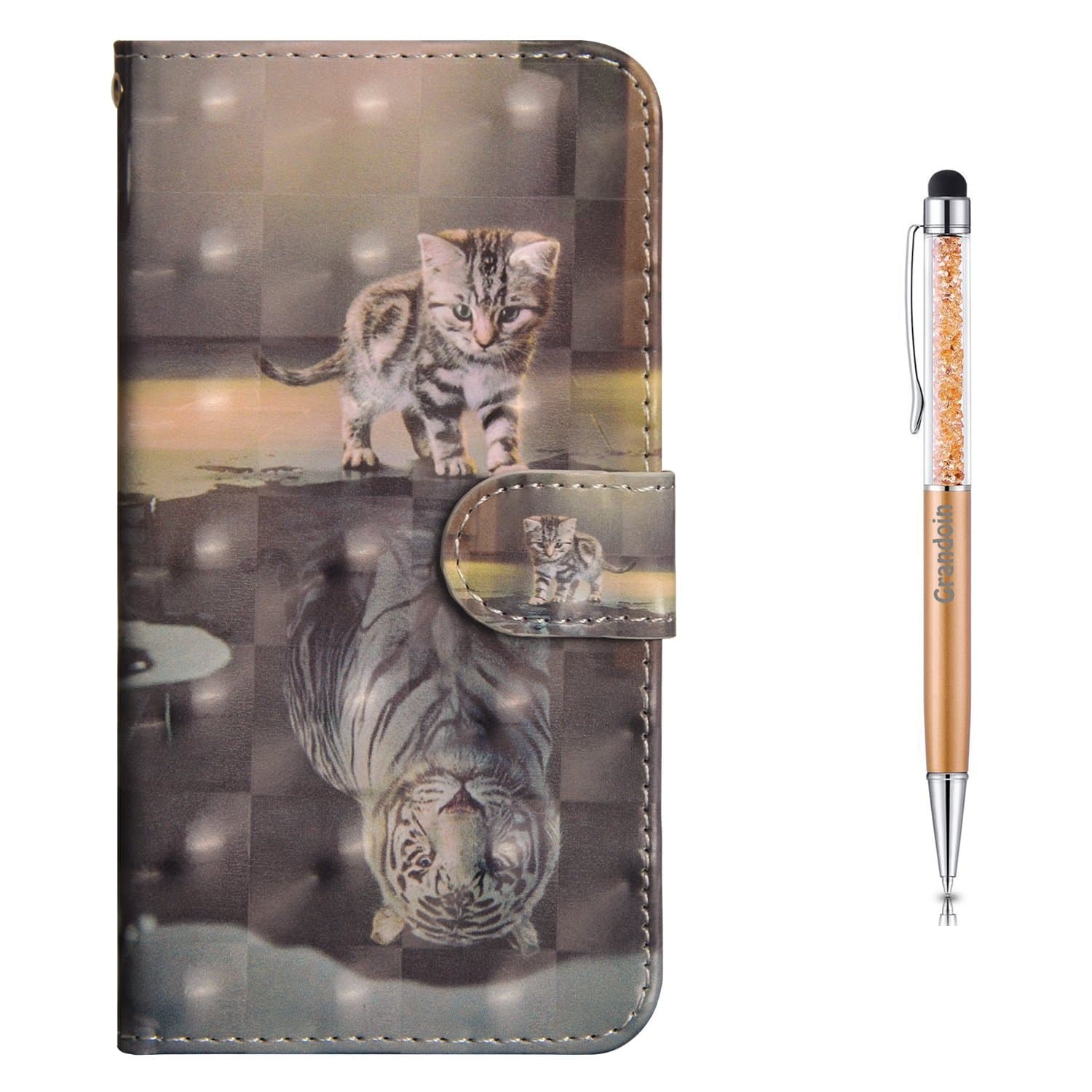 Grandoin iPhone 6S Plus Case,iPhone 6 Plus Case, Premium PU Leather Magnetic Flip Cover with Card Slots Holders Bookstyle Wallet Case For Apple iPhone 6S /6 Plus 5.5 Inch (Cat And Tiger)