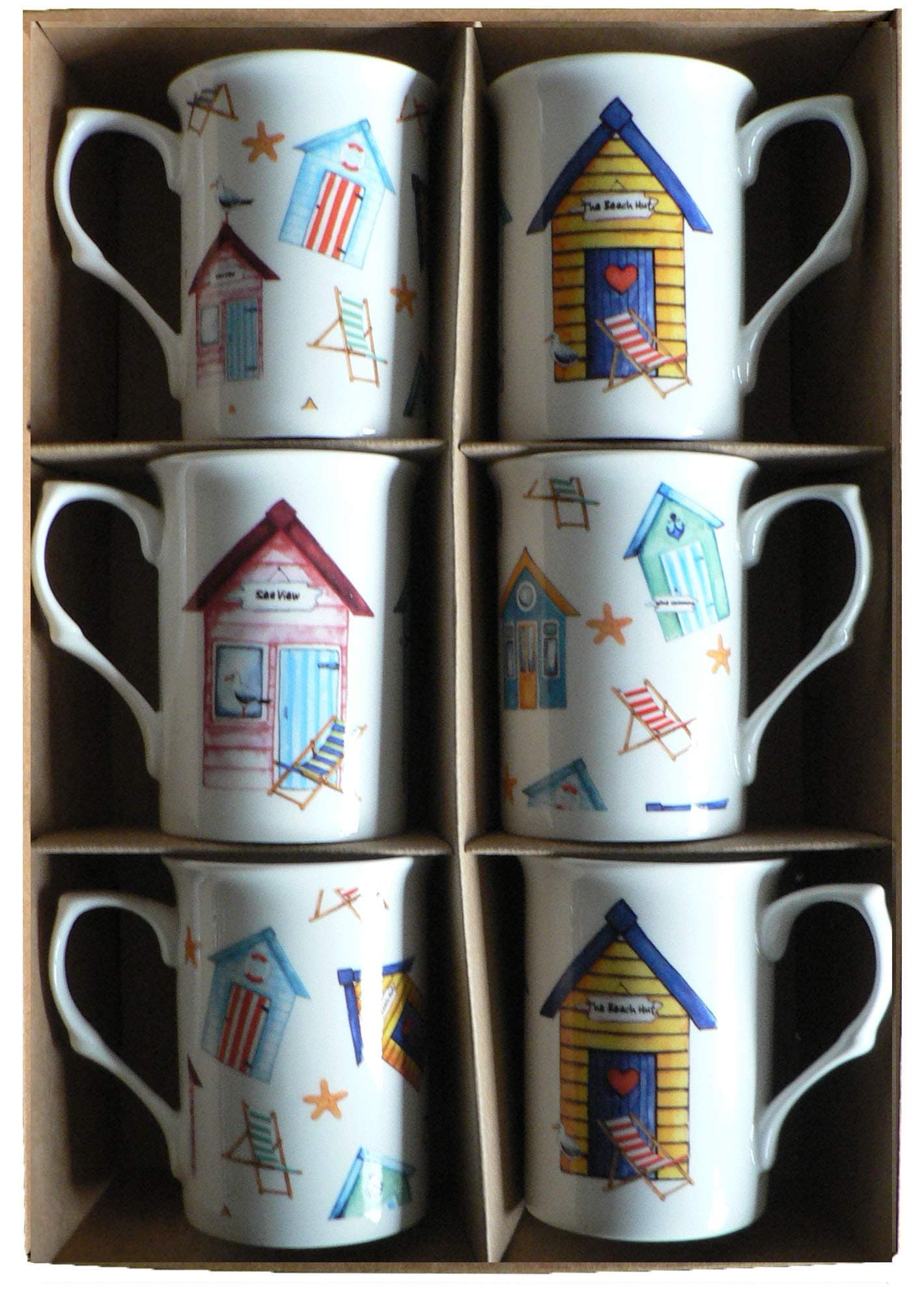 Beach Hut Mugs Bone China Set of 6 Gift Boxed
