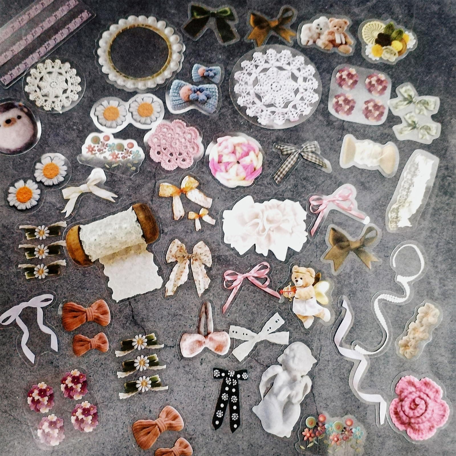 160PCS Cute Stickers, Vintage Ribbon Lace Knitting Bear Scrapbook Sticker Bow Home Decorative Decals for Scrapbooking Journaling Supplies Junk Journal Planners Crafts Gift for Adults Teen
