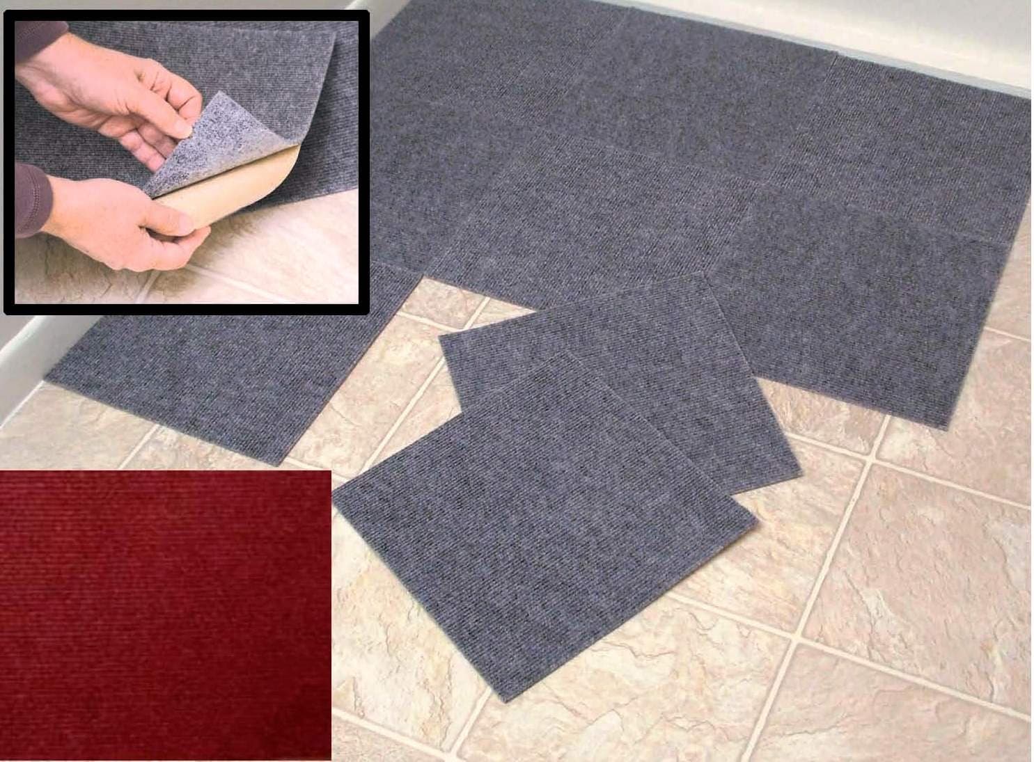 Peel and Stick Burgundy Berber Carpet Tiles 12"x12" Set of 10 By Jumbl