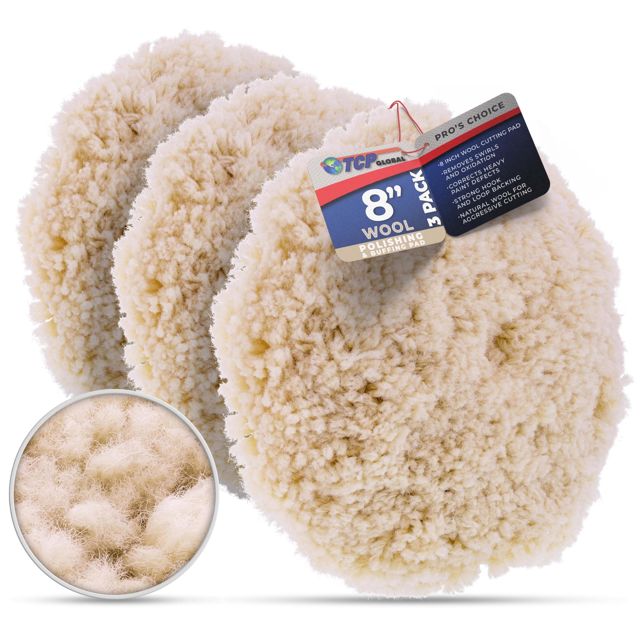 TCP Global 8" 100% Wool Polishing & Buffing Pad (3 Pack) with Hook and Loop Backing - Wool Buffing Pad for Automotive, Marine, Truck, RV & Compound Cutting