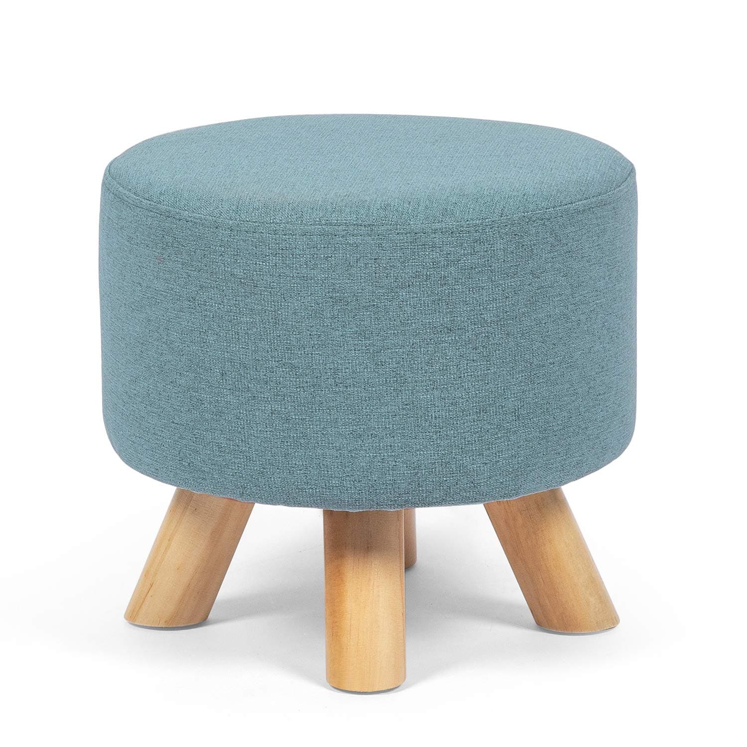 Small Round Ottoman Foot Rest Stool Fabric Padded Seat Footstool Ottoman with Anti-Slip Wooden Legs (Light Blue,Fabric)