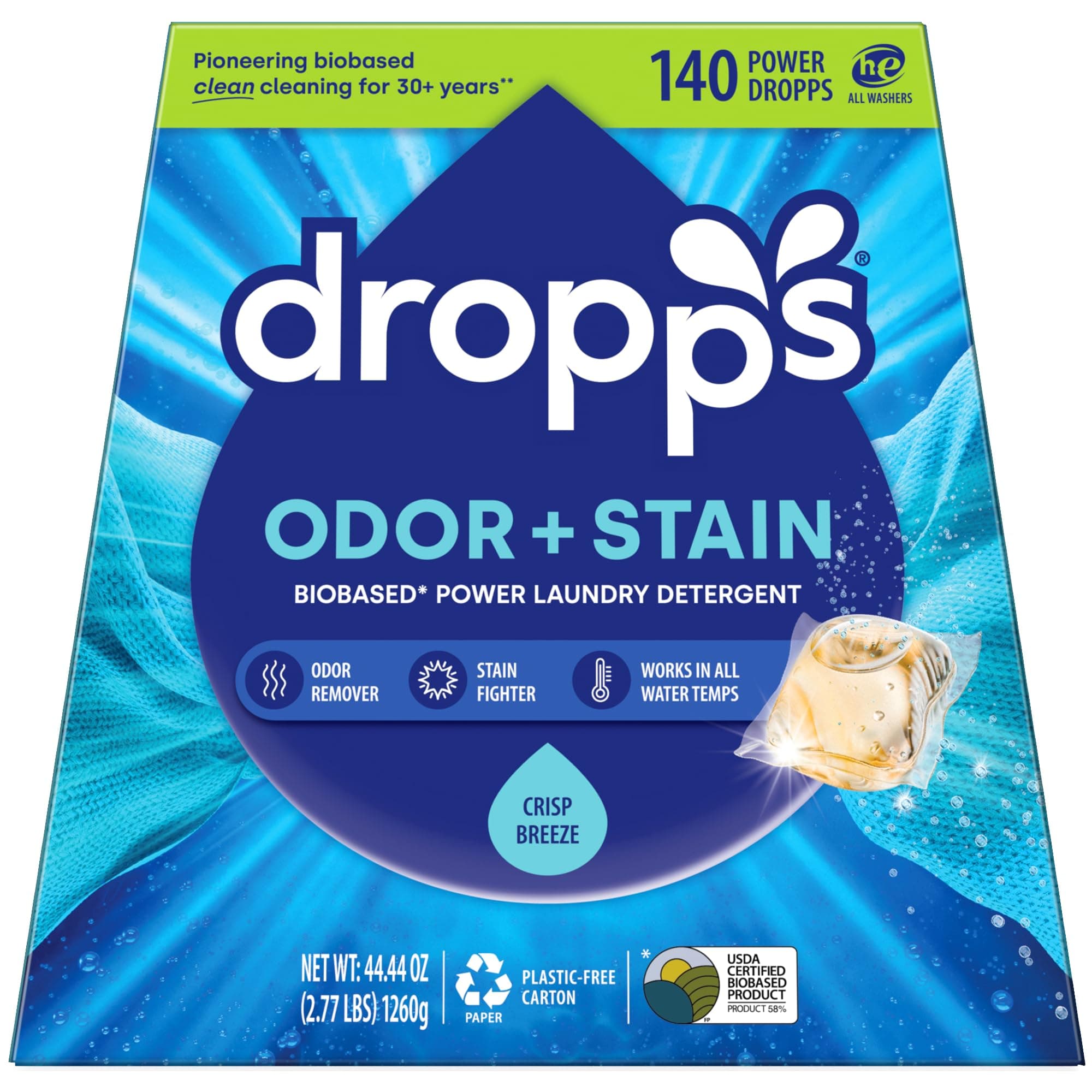 dropps (Clean Scent, 140 Count) - HE Stain & Odour Laundry Detergent Pacs, Clean Scent, 140 Loads