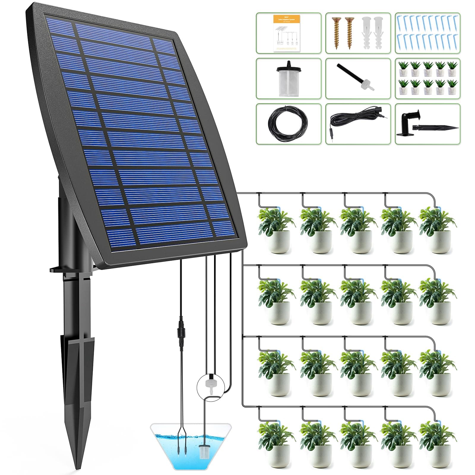 IPOW Upgrade 12 Timer Modes Supports 30 Pots 100% Anti-Siphoning Solar Irrigation System Automatic Watering System for Balcony, Indoor & Outdoor Plants, Garden, and Potted Plants
