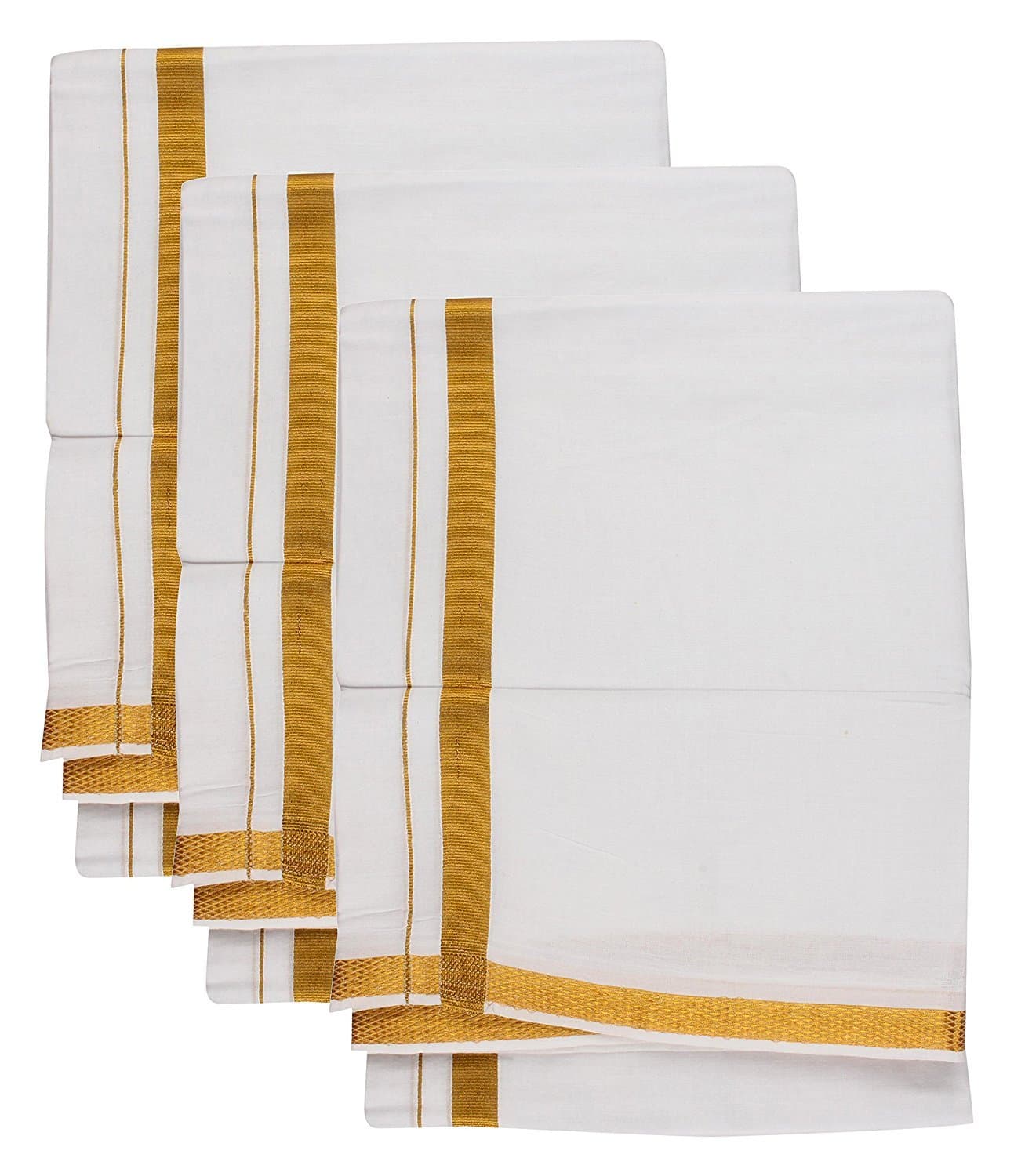 Pure Cotton Dhoti Vesti Mundu Golden Zari Border White Dhoti 3.6 Meter - 3 Piece pack