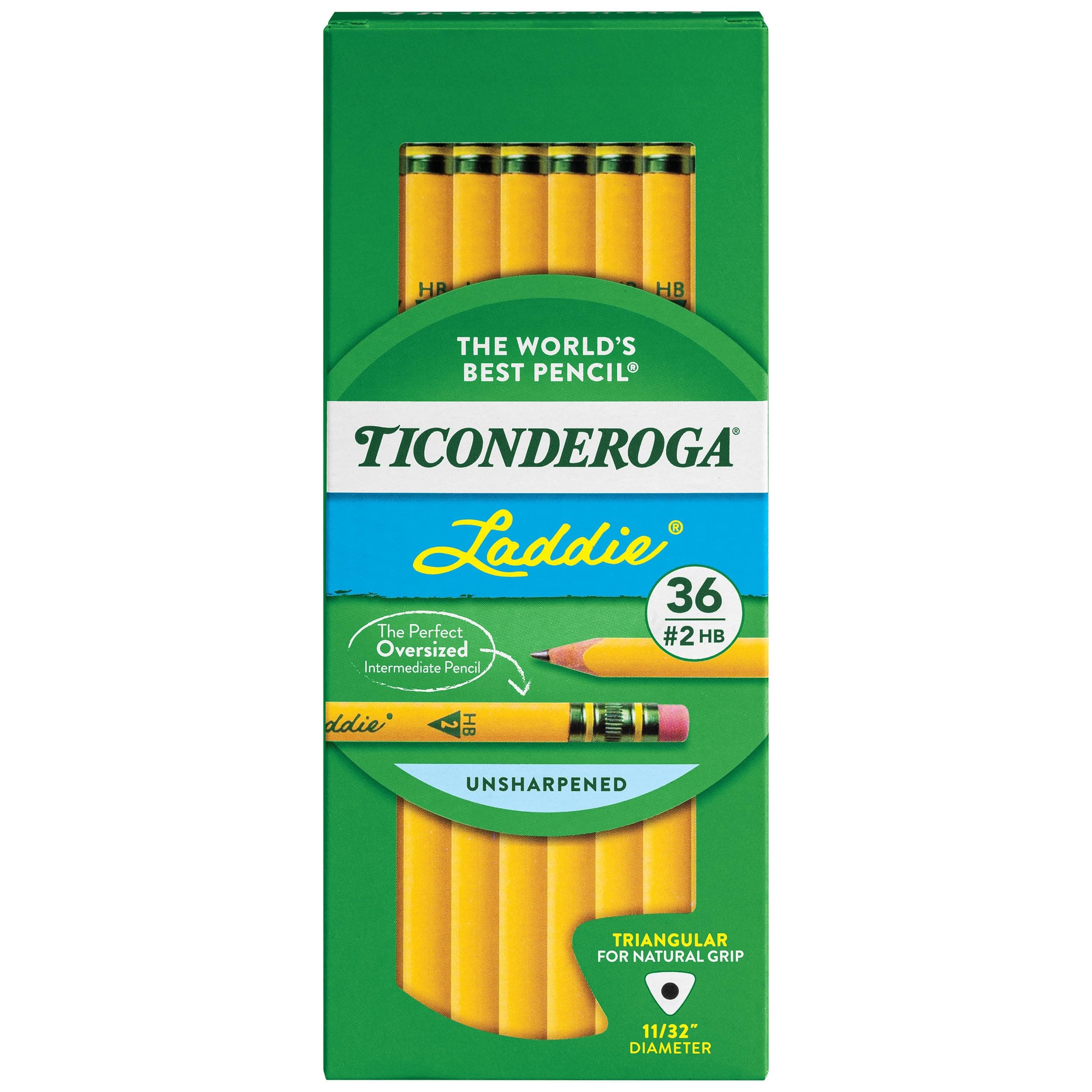 Ticonderoga Laddie Tri-Write Pencils, Wood-Cased #2 HB Soft, Intermediate Size Triangular with Eraser, Yellow, 36-Pack (13042)