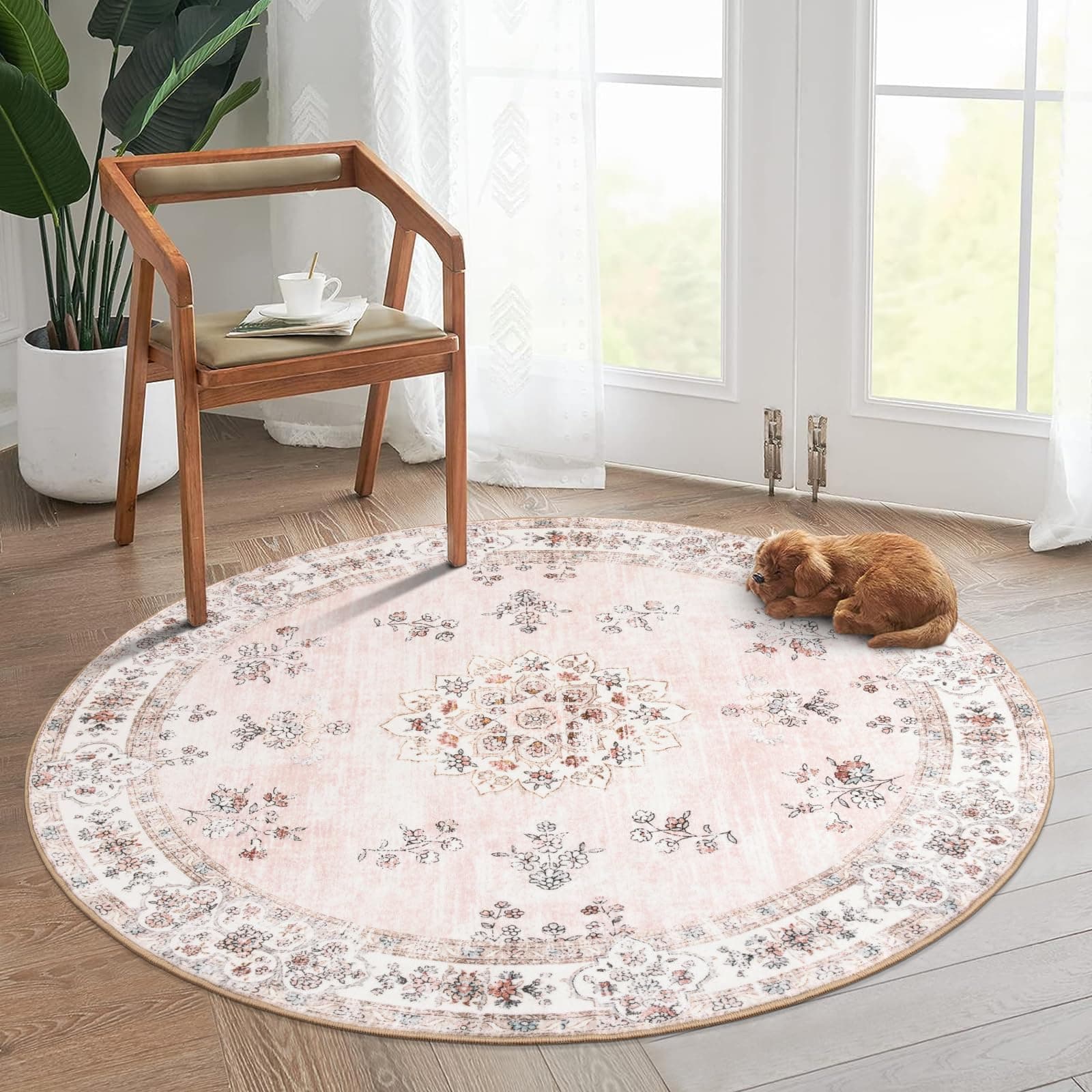 Lahome Pink Washable Round Rug 5ft, Soft Europe Vintage 5x5 Circle Rug for Nursery Kids Playroom, Non-Slip Floral Pastel Circular Carpet for Aesthetic Home Decorations Bedroom Decor