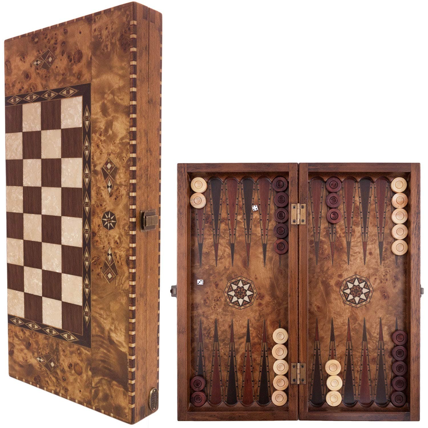 Elegant Handmade Wooden Backgammon Set/Mazel Veneer - 19.5 inch Board