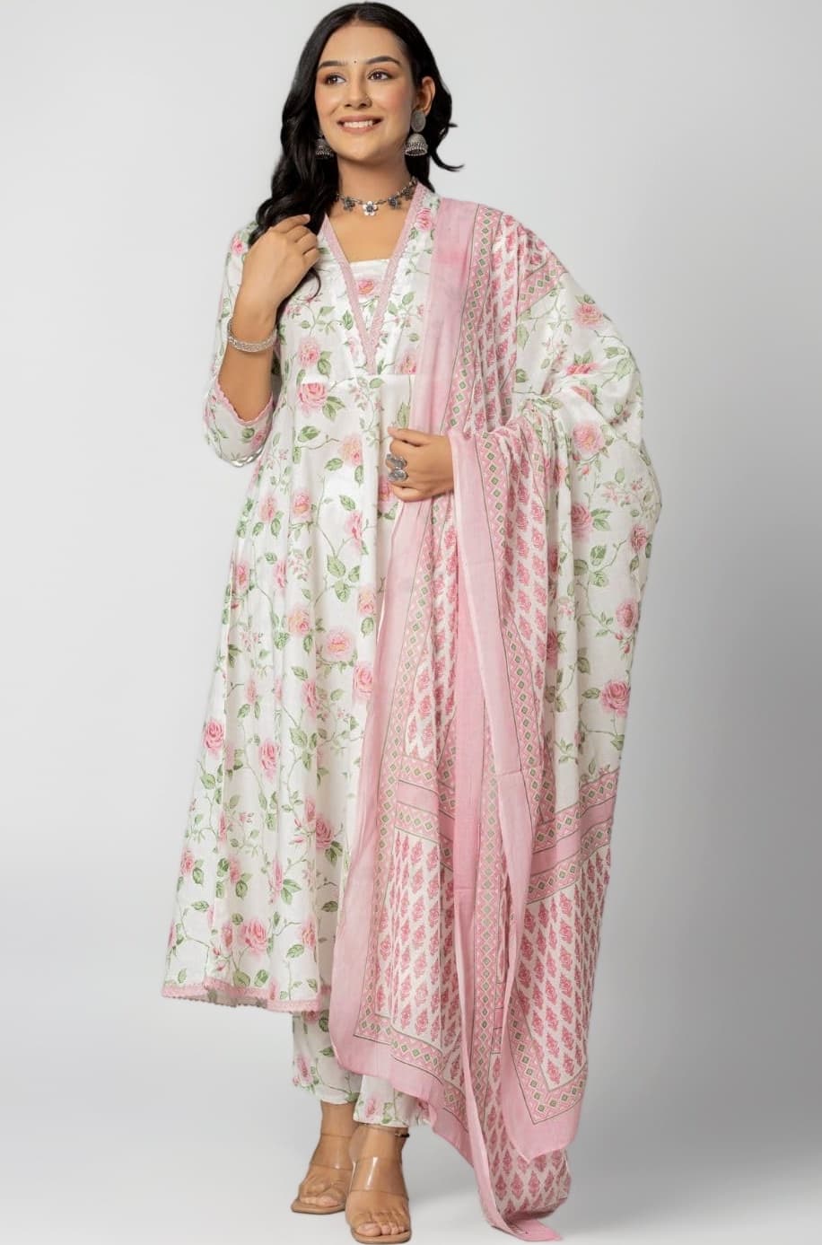 Women's Cotton Printed Anarkali Kurta with Palazzo Pants and Dupatta