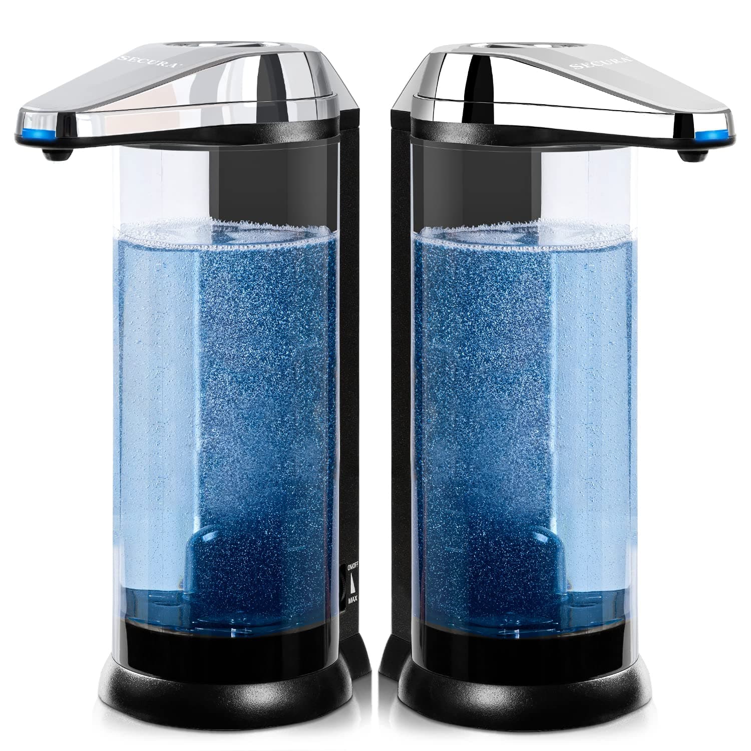 2 Pcs 17oz Touchless Battery Operated Automatic Liquid Soap Dispenser Set w/Adjustable Soap Dispensing Volume Control Dial, Suitable for Bathroom Countertop or Kitchen Sink (Chrome)