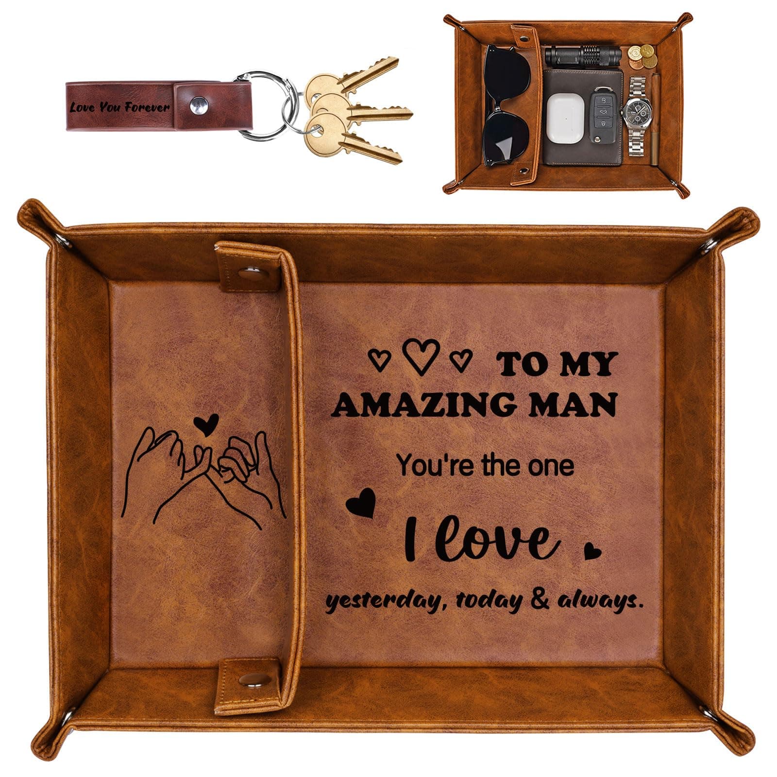 Bedside Organiser Gifts for Him, Mens Valentines Day PU-Leather Valet Tray Gifts, I Love You Gift Set for Husband Boyfriend, Anniversary Birthday Presents Nightstand Tray for Mens Accessories