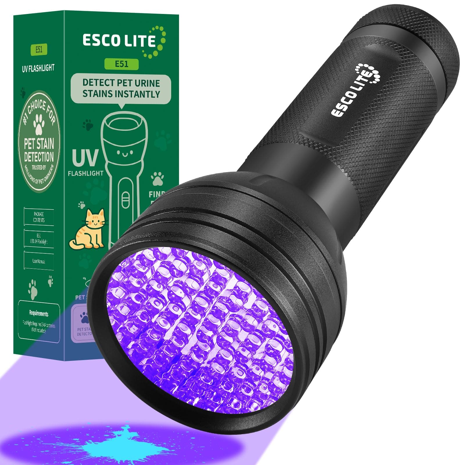ESCO LITE UV Flashlight Black Light, 51 LED 395 nM Ultraviolet Blacklight Detector for Dog Urine, Pet Stains and Bed Bug