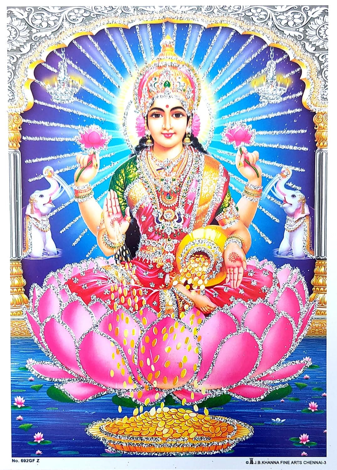 Crafts of India Goddess Laxmi Poster/Lakshmi Hindu Goddess Picture with Golden Foil (Unframed : Size 5"X7" inches)