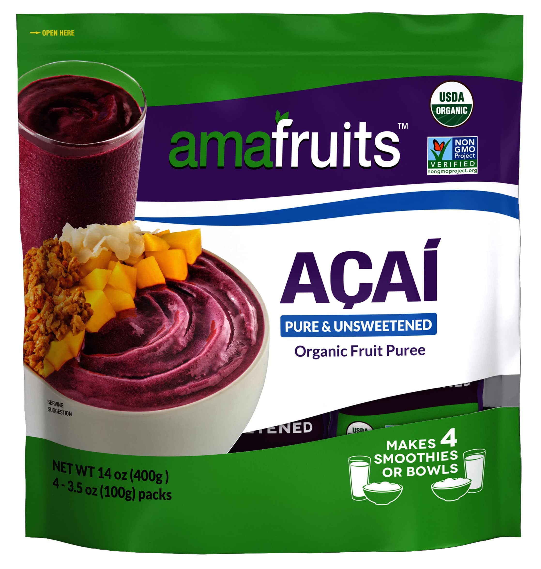 Amafruits Acai Berry Frozen Puree Pure and Unsweetened Smoothie and Bowl Packs | USDA Organic | Non-GMO Certified | Zero Sugar | Antioxidant Rich Superfruit | 6 Multi-Pack Bags with 24 Packs x 3.5oz
