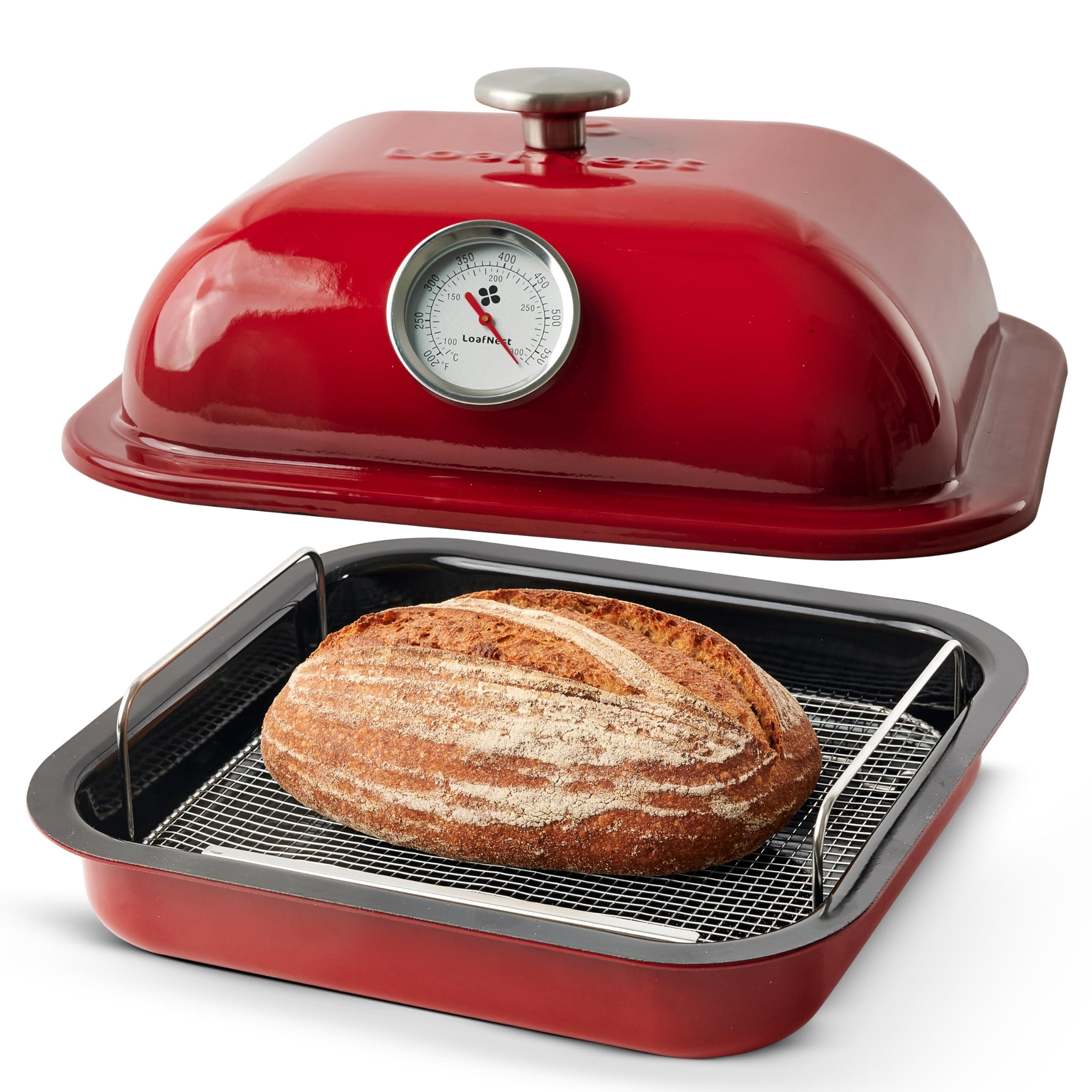 LoafNestinTune Precision Baker : 4+5 qt Multipurpose Baking Dish and Cloche with Built in Oven Thermometer and Water Tray