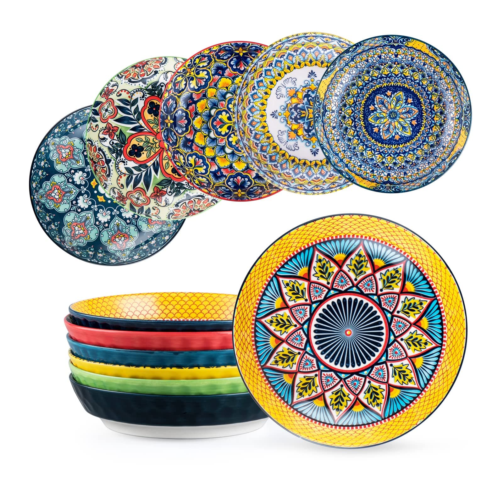 HENXFEN LEAD Pasta Salad Bowls Set of 6, Wide and Shallow Serving Bowls for Kitchen 32 Oz - 8 Inch Porcelain Soup Bowl, Pasta Plates Dishwasher & Microwave Safe - Bohemian style