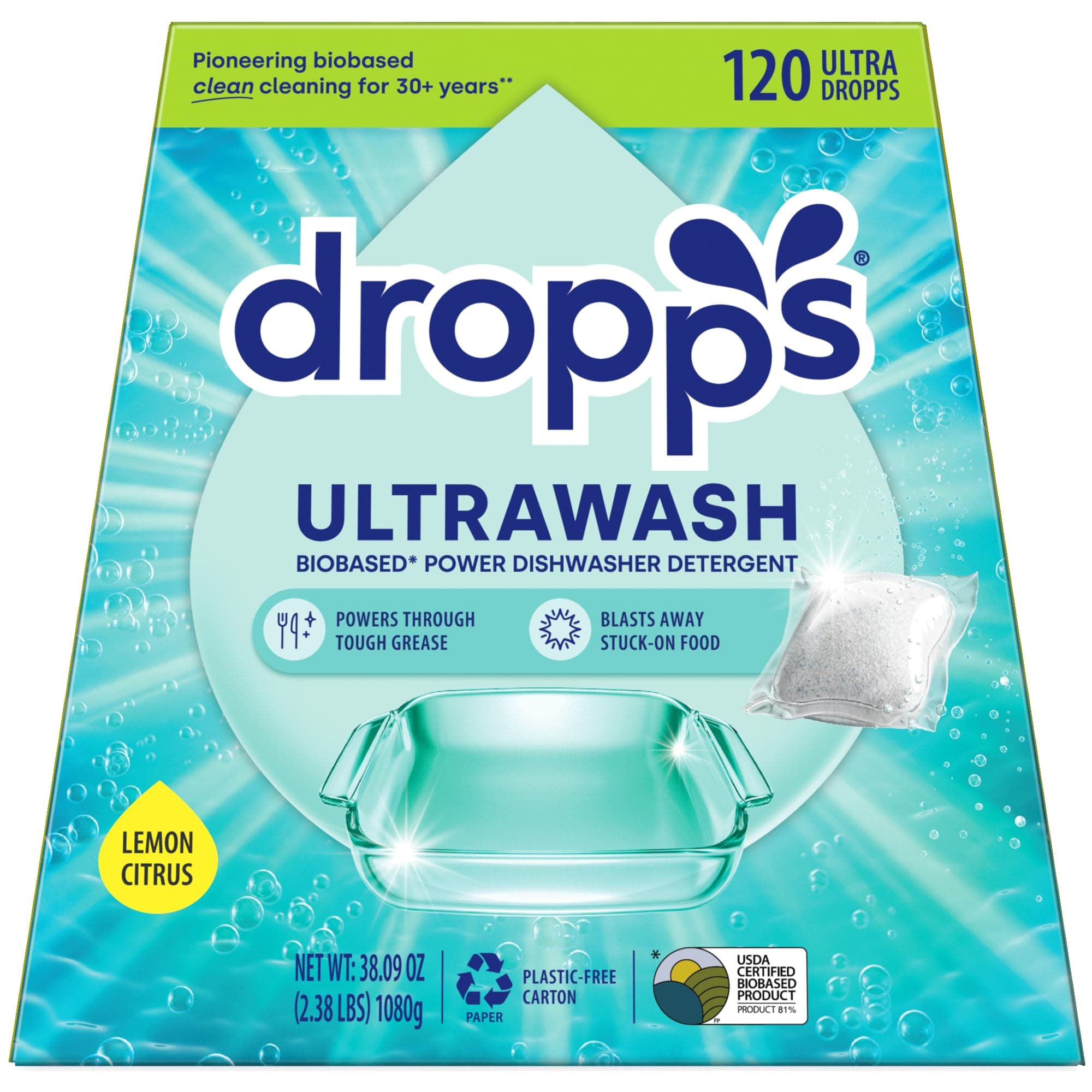 UltraWash Dishwasher Pods, Lemon Citrus (120 Pods) - Biobased Power Deep Clean Dishwasher Detergent Tablets for Sparkling Shiny Dishes - No Rinse Aid or Pre-Wash Needed - Dishwashing Pods