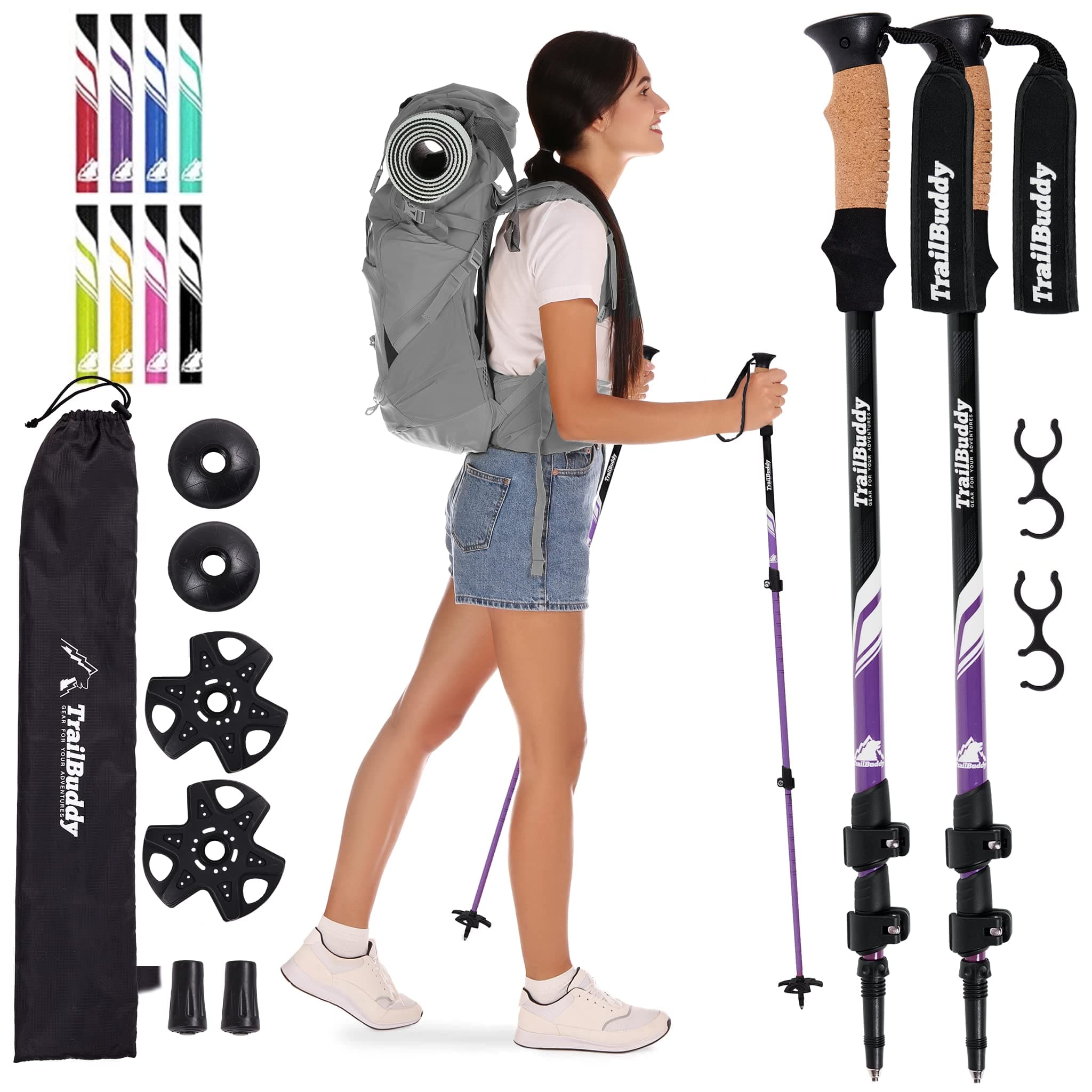 TrailBuddy Trekking Poles – Lightweight 7075 Aluminum Hiking Poles for Women, Men & Seniors – Collapsible or Foldable Walking Sticks for Travel, Trails & Balance
