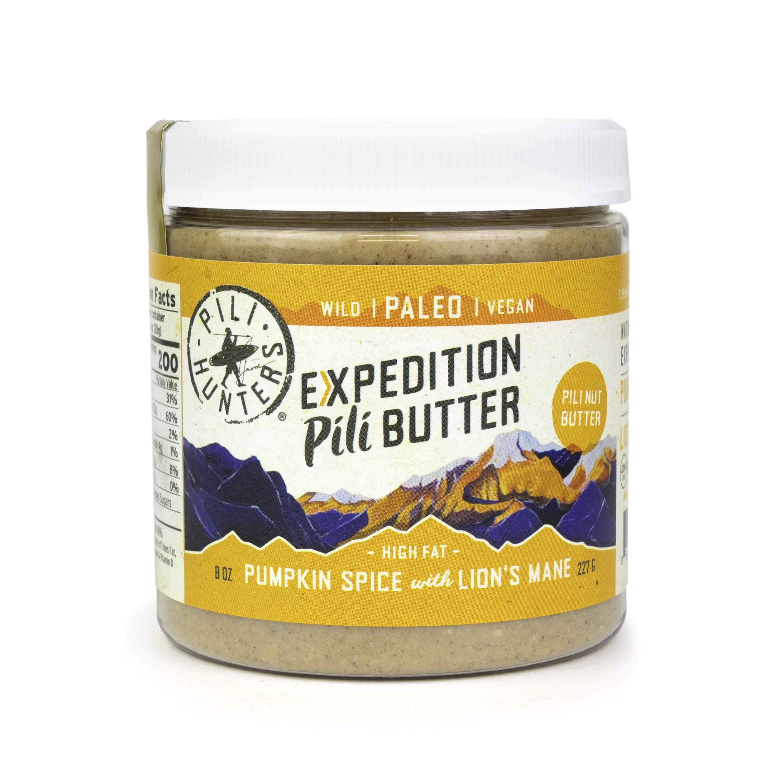 PILI HUNTERS AS SEEN ON TV The Original Pumpkin Spice Pili Nut Butter Spread with Lions Mane, Keto, Paleo, Vegan, Low Carb, No Sugar Added, NO Gluten/Soy/Dairy, (8oz.Jar)