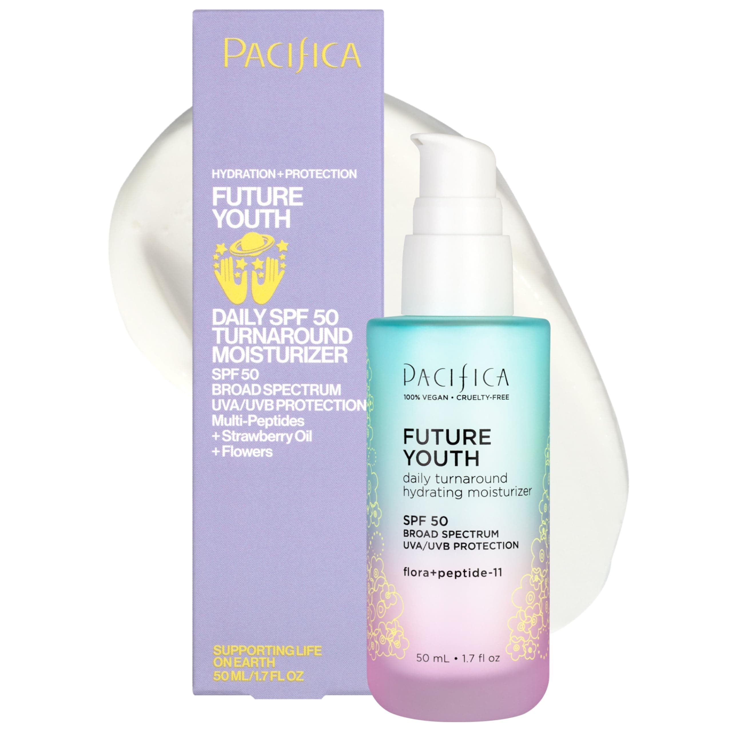 Pacifica Peptide Face Moisturizer Future Youth Daily Turnaround Hydrating, SPF 50 Broad Spectrum, UVA/UVB Sun Protection, Sunscreen, Face Moisturizer, Anti-Aging, Vegan, 1.7 fl oz (1 Count)