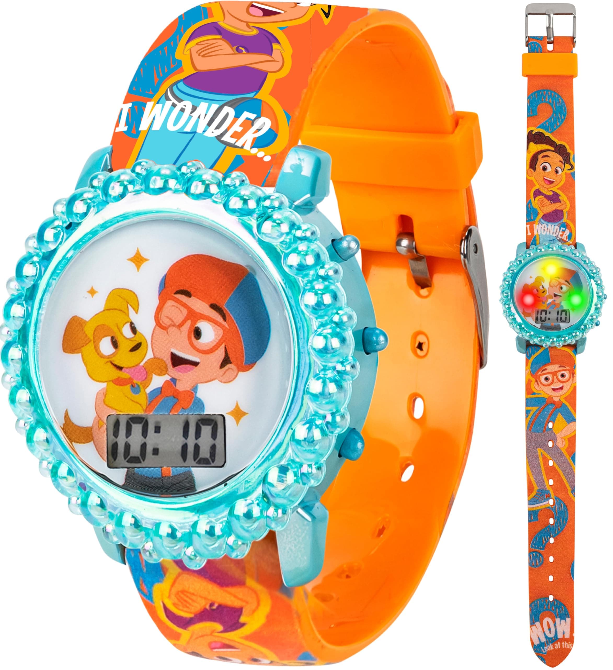 Blippi Educational LCD Watch for Kids - Flashing LED Lights, Colorful Learning Accessory, Comfortable Strap, with Bonus Gift Tin