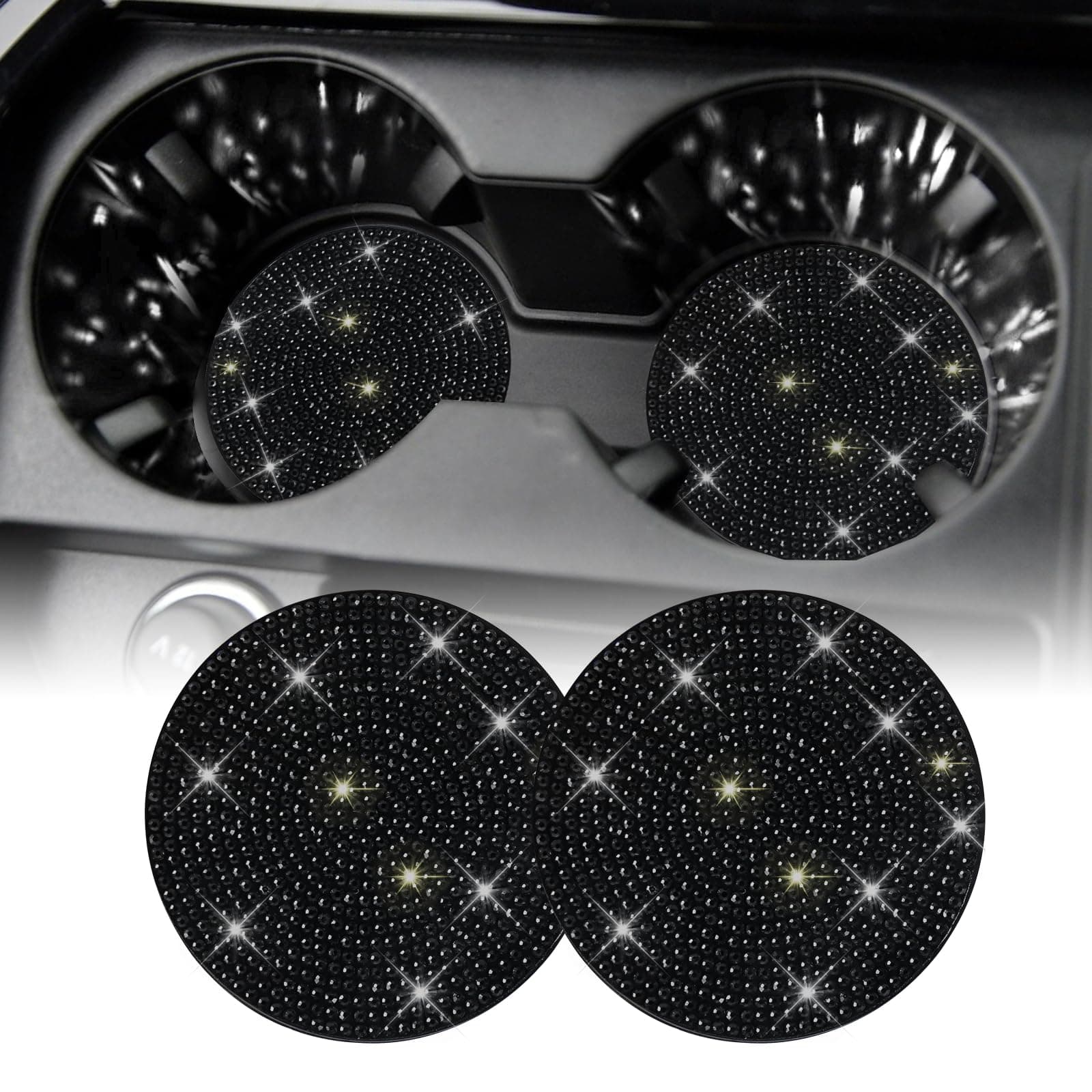 SINGARO Bling Cup Holder Coasters for Car, 2PCS Universal Non-Slip Cup Holder, Embedded Decorative Coasters, Shiny Crystal Car Interior Accessories Gifts for Women (Black)
