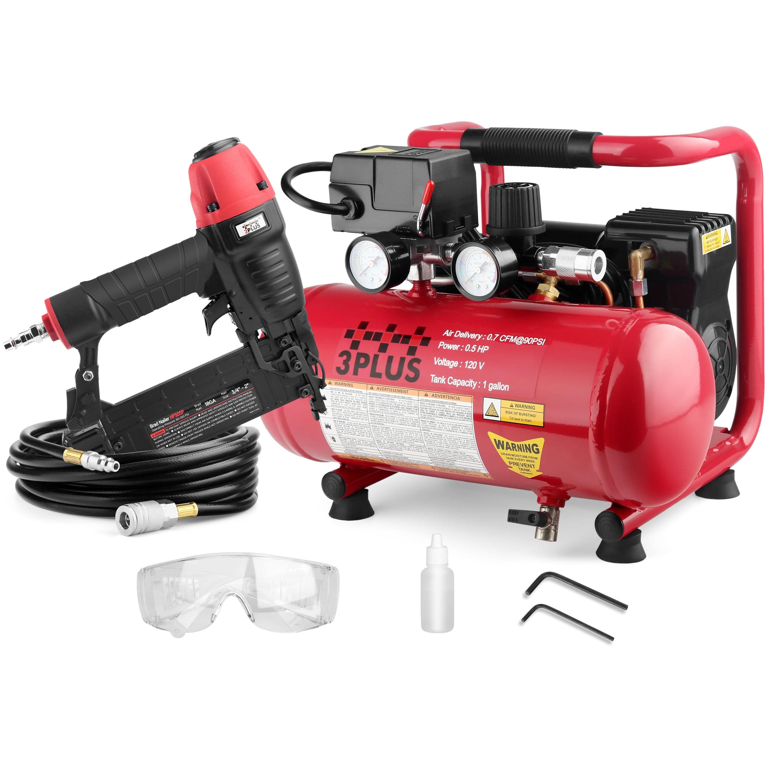 3PLUS HCB050401 18-Gauge Brad Nailer and Quiet Air Compressor Combo kit