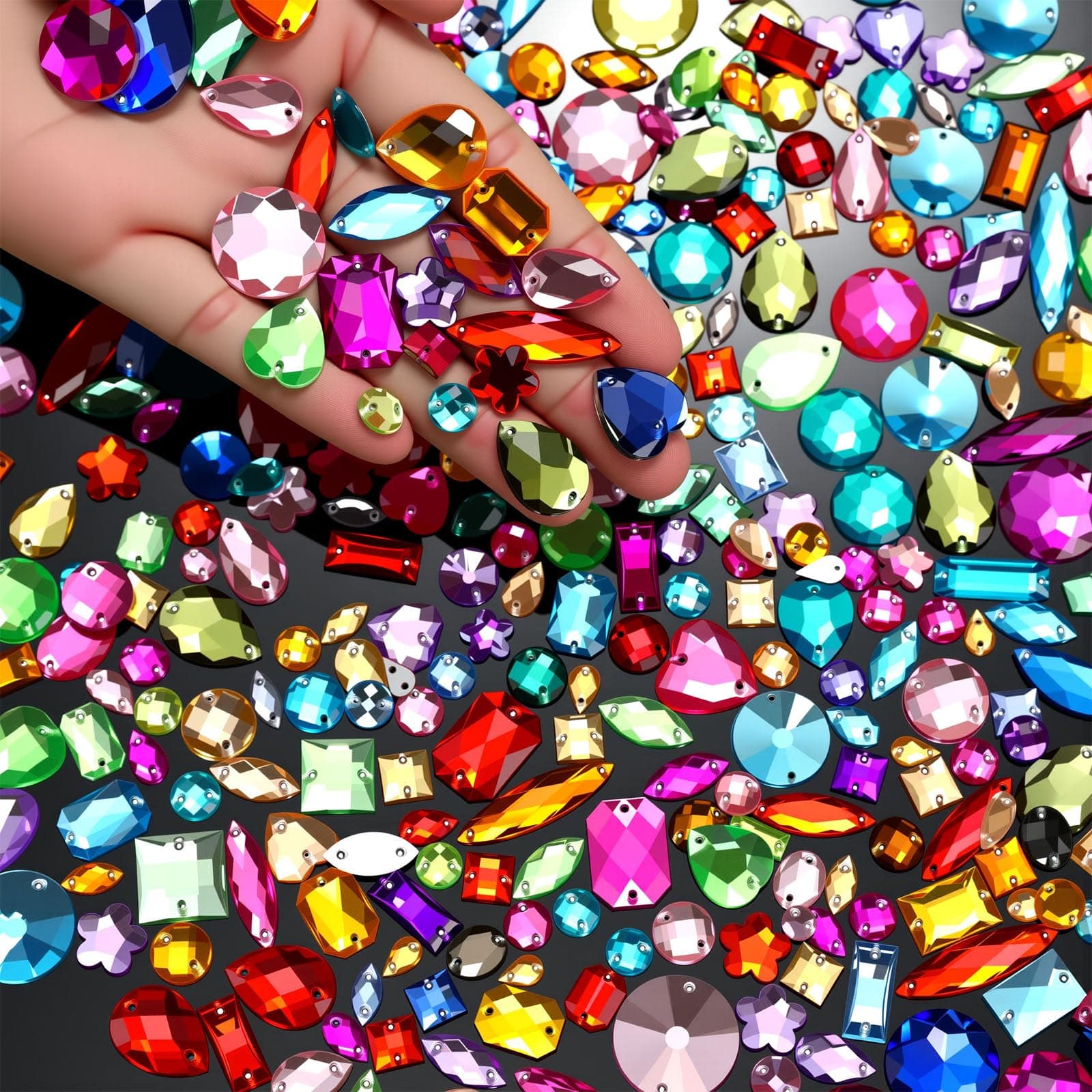 Chuangdi 500 Pcs Sew on Rhinestone Glass Crystals Acrylic Gems with 2 Holes Mix Shape Mix Size Flatback for DIY Jewelry Crafts Clothes Shoes Bag Costume Sewing Beads Decorations(Multicolor)