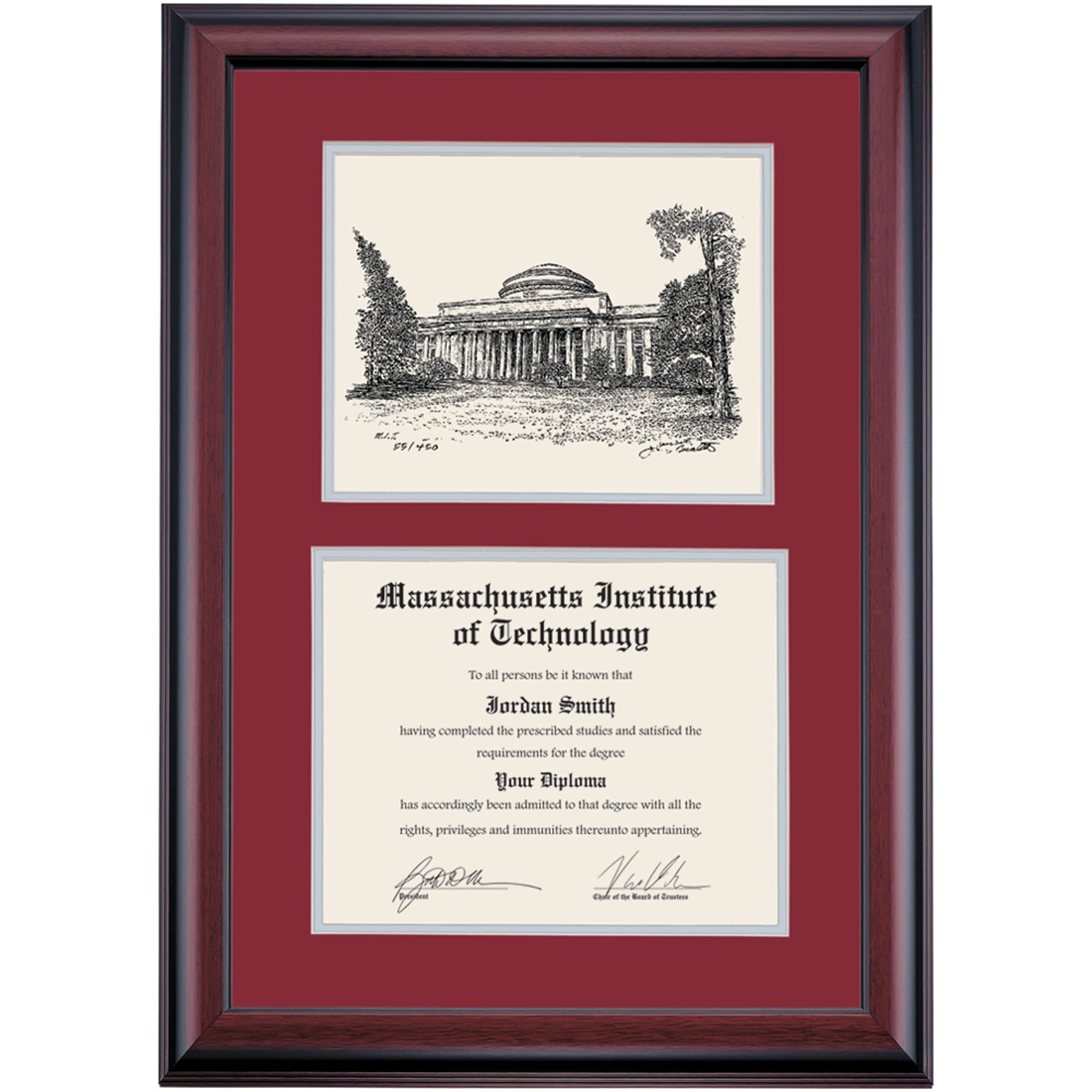 OCM DiplomaDisplay Premier Frame for Massachusetts Institute of Technology MIT Engineers | 9-1/4" x 11-3/4" Diploma Certificates | Maroon/Gray Mat | Maclaurin Building Pen & Ink | Graduation Gift