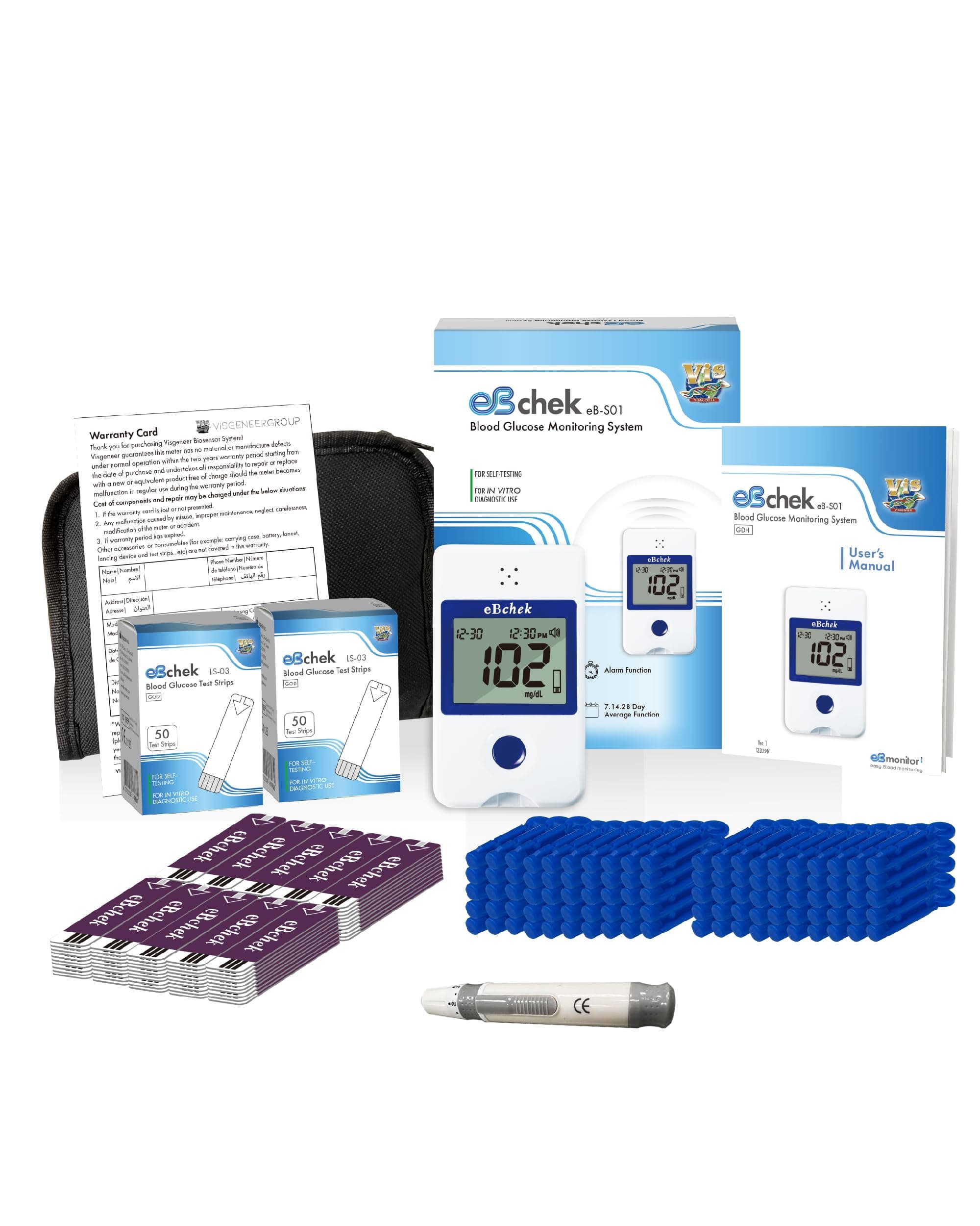 eBchek Blood Glucose Monitor Kit with Voice, 100 Test Strips, 100 Lancets 30G, 1 Blood Sugar Monitor for Diabetes, Talk Function, No Coding, Multi-Lingual Voice, Blood Sugar, Lancing Device