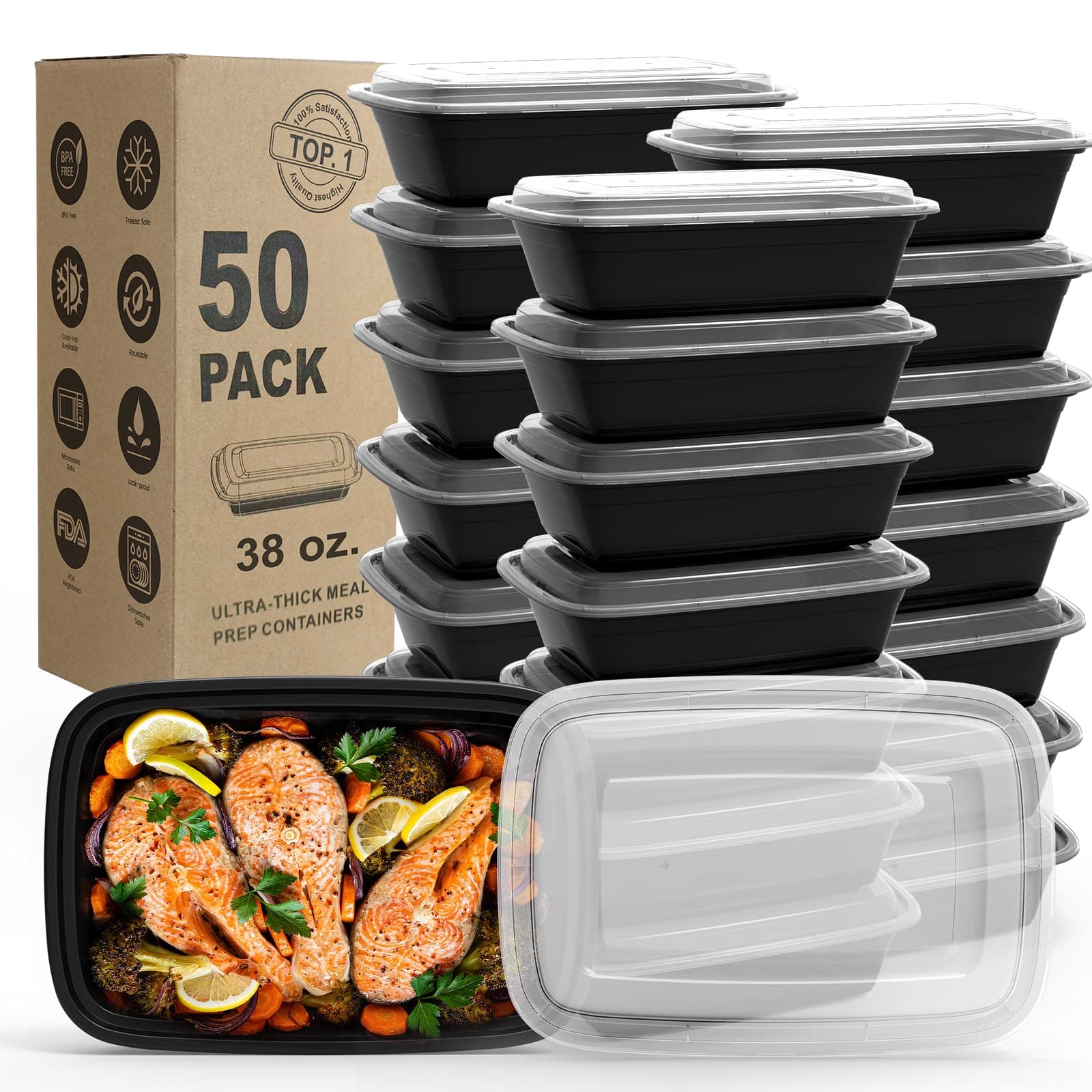 WGCC Meal Prep Containers, 50Pack [38OZ] Food Storage Containers With Lids, Reusable Food Prep Containers, To Go Containers With Lids, BPA-free, Stackable, Microwave/Dishwasher/Freezer Safe