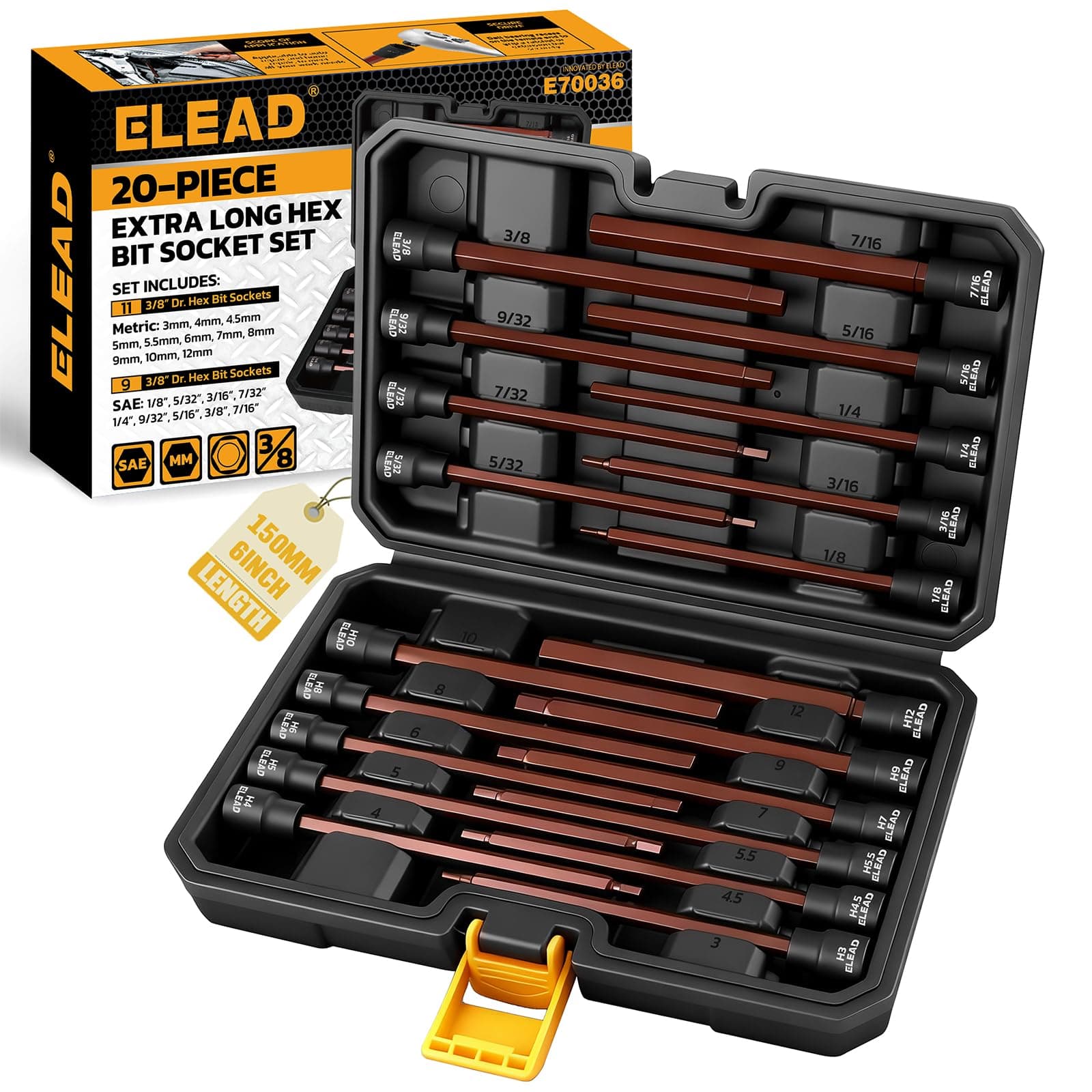 ELEAD Extra-Long Allen Hex Bit Socket Set: 20-Piece 3/8 Inch Drive, S2 Steel, Standard SAE & Metric (1/8-Inch - 7/16-Inch, 3-12mm) for Impact Drills and Ratchet Wrenches