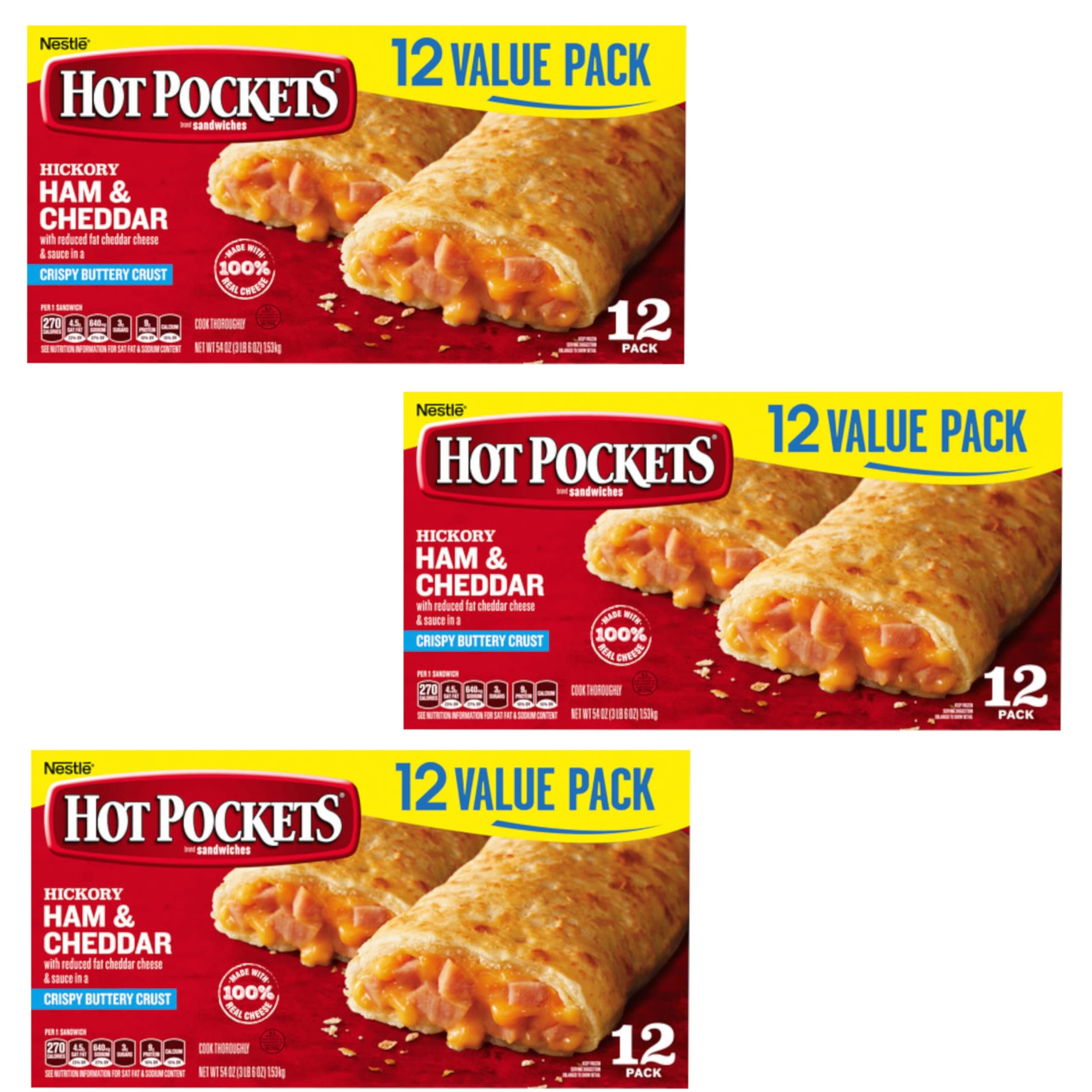 Hot Pockets Hickory Ham & Cheddar with Reduced Fat Cheese and Sauce in a Crispy Buttery Crust - 9 g of Protein Per Serving - Ready Set Gourmet Donate a Meal Program - 3 Pack (12ct, 4.5oz Each)