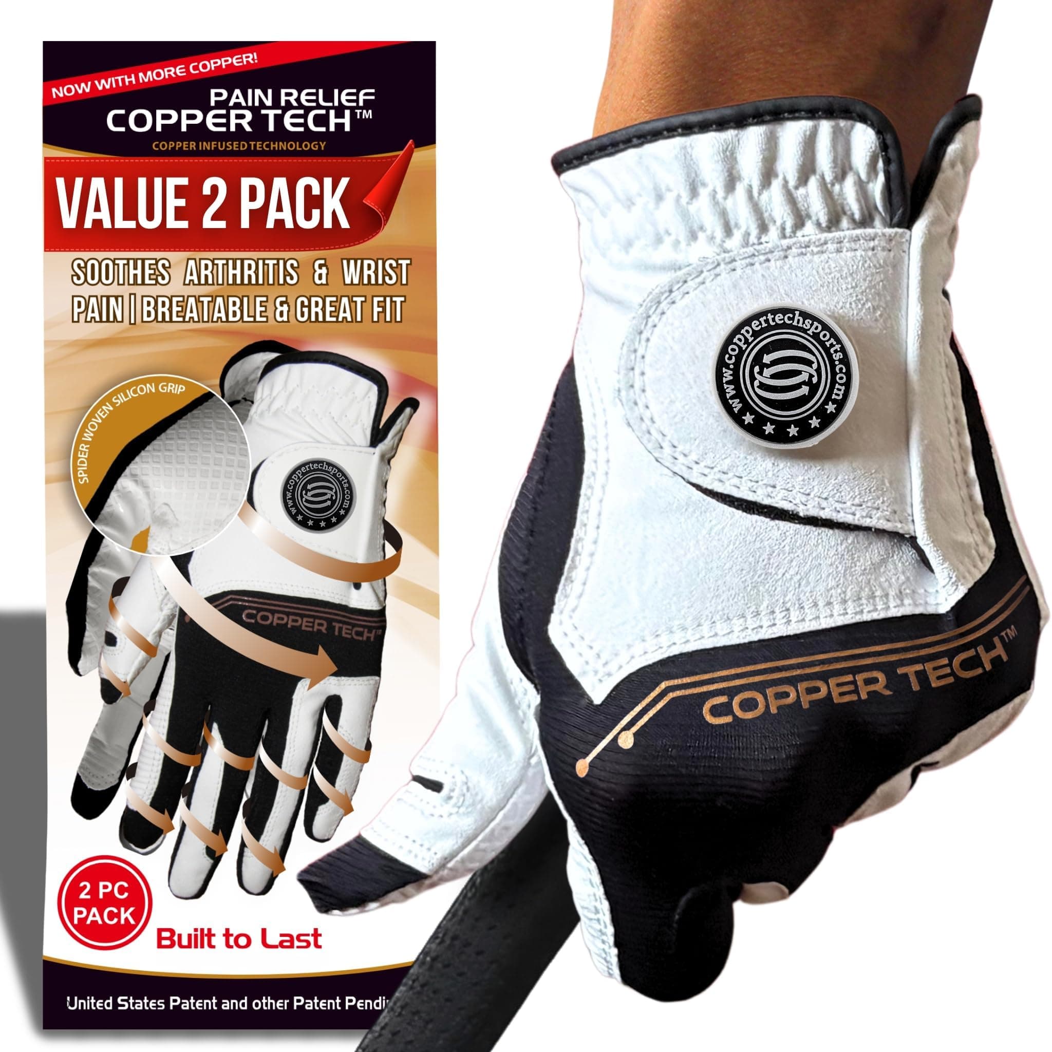 Copper Tech Golf Gloves Men Right Handed Golfer Or Left Handed Golfer (2 Pack)| Copper Compression Joint Support | Flexible & Comfortable Fit with AAA Leather