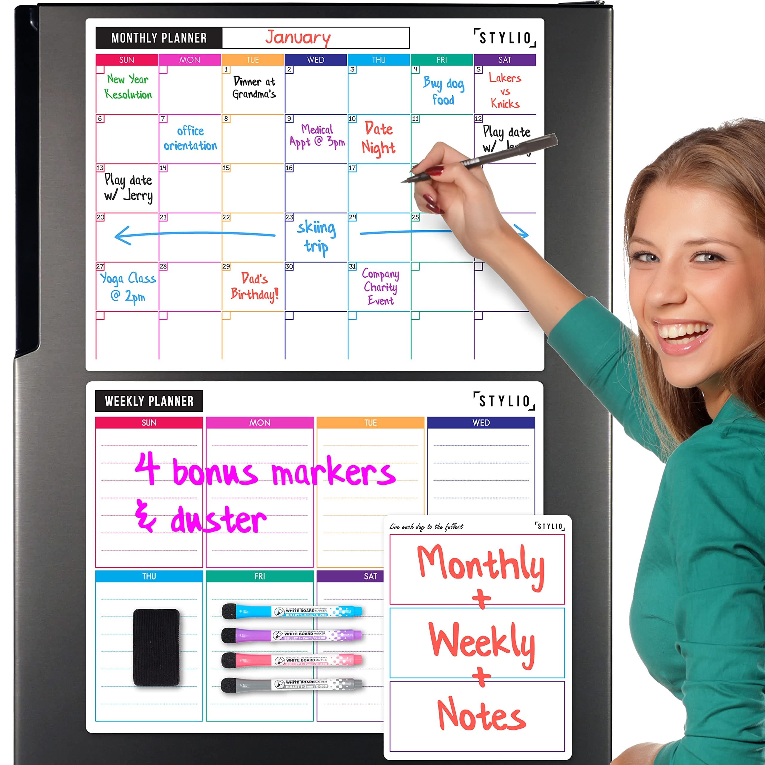 STYLIO Dry Erase Calendar Whiteboard. Set of 3 Magnetic Calendars for Fridge: Monthly, Weekly Organizer & Daily Notepad. Refrigerator & Wall Family Calendar. 4 Fine Point Markers & Eraser Included