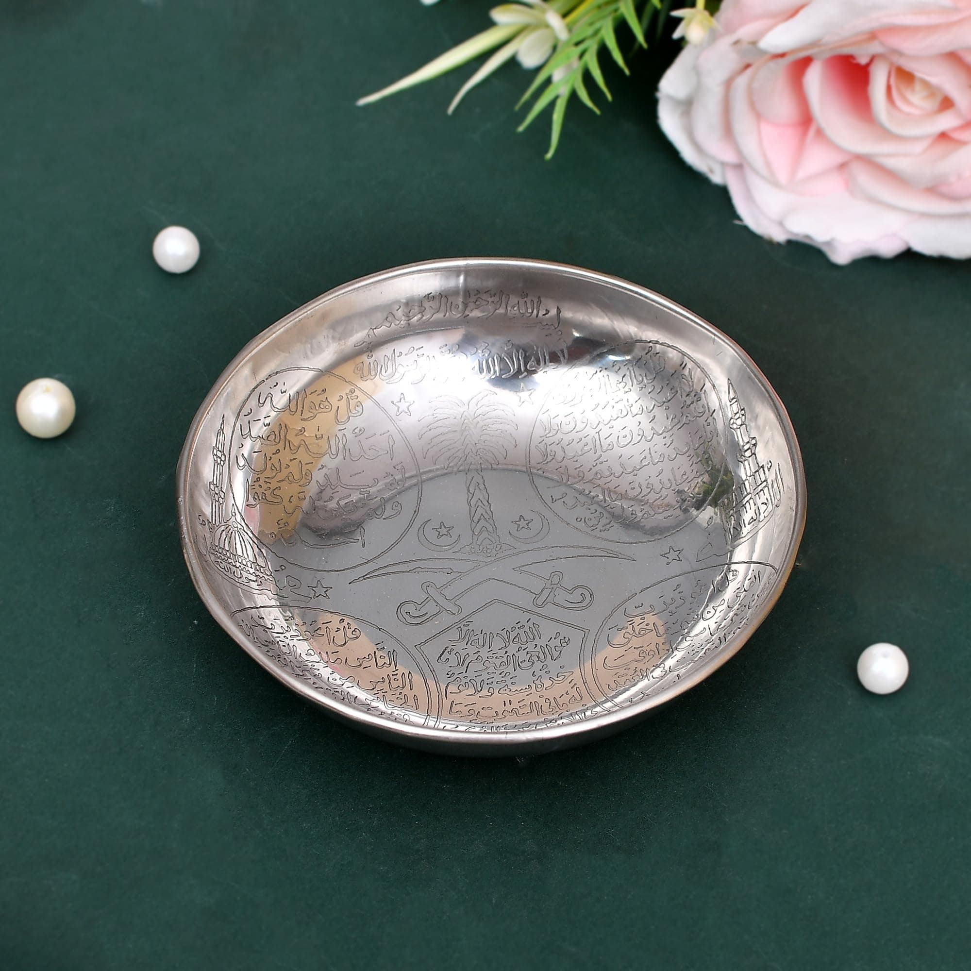 Islamic Shifa Bowl Plaque Engraved with Holy First Kalma, 4 Kul, Mecca, Medina and Quranic Ayats, Made of Brass, Silver Color (4.5 inches) (Silver)