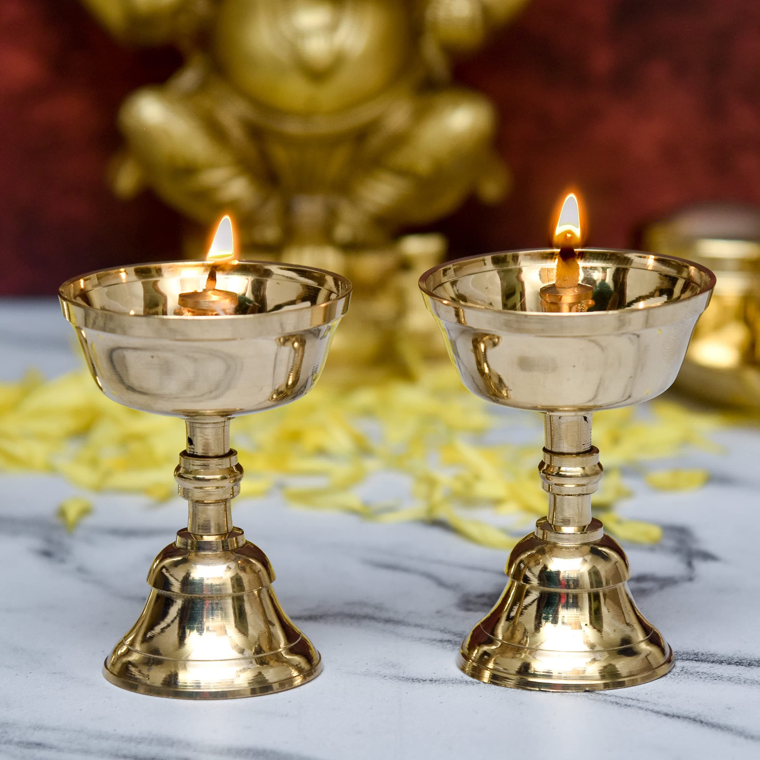 Bhimonee Decor Pure Brass Akhand Jyothi Pyali Stand – Nanda Table Diya for Pooja & Home Temple (3.2 Inches, Pack of 2)
