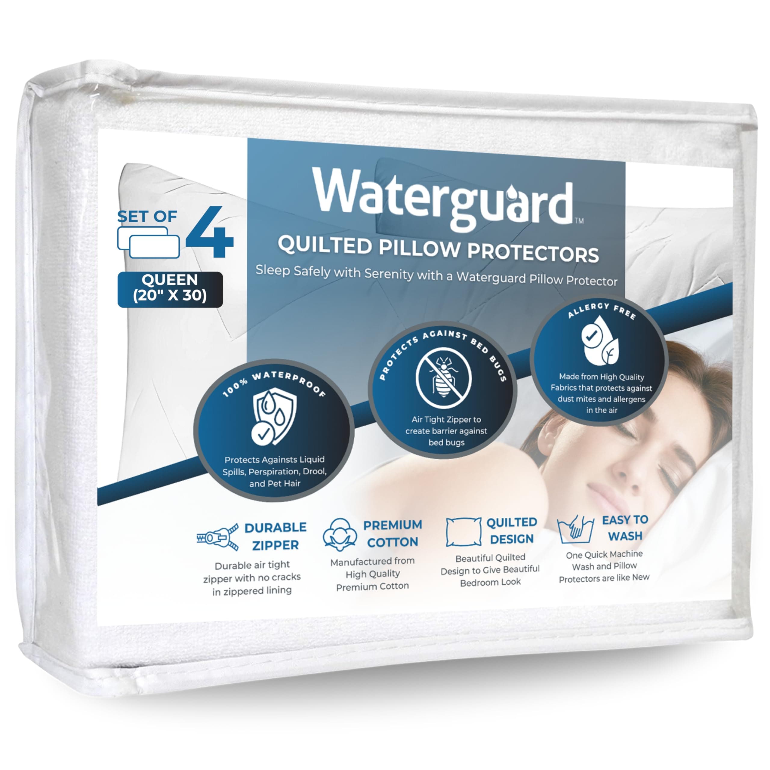 Waterguard Quilted Pillow Protector - Waterproof and Bed Bug Proof Queen Size Zippered Pillow Protector - Luxury Designed Pillowcases Protects Pillows from Dirt, Dust Mites, Stains, & Spills