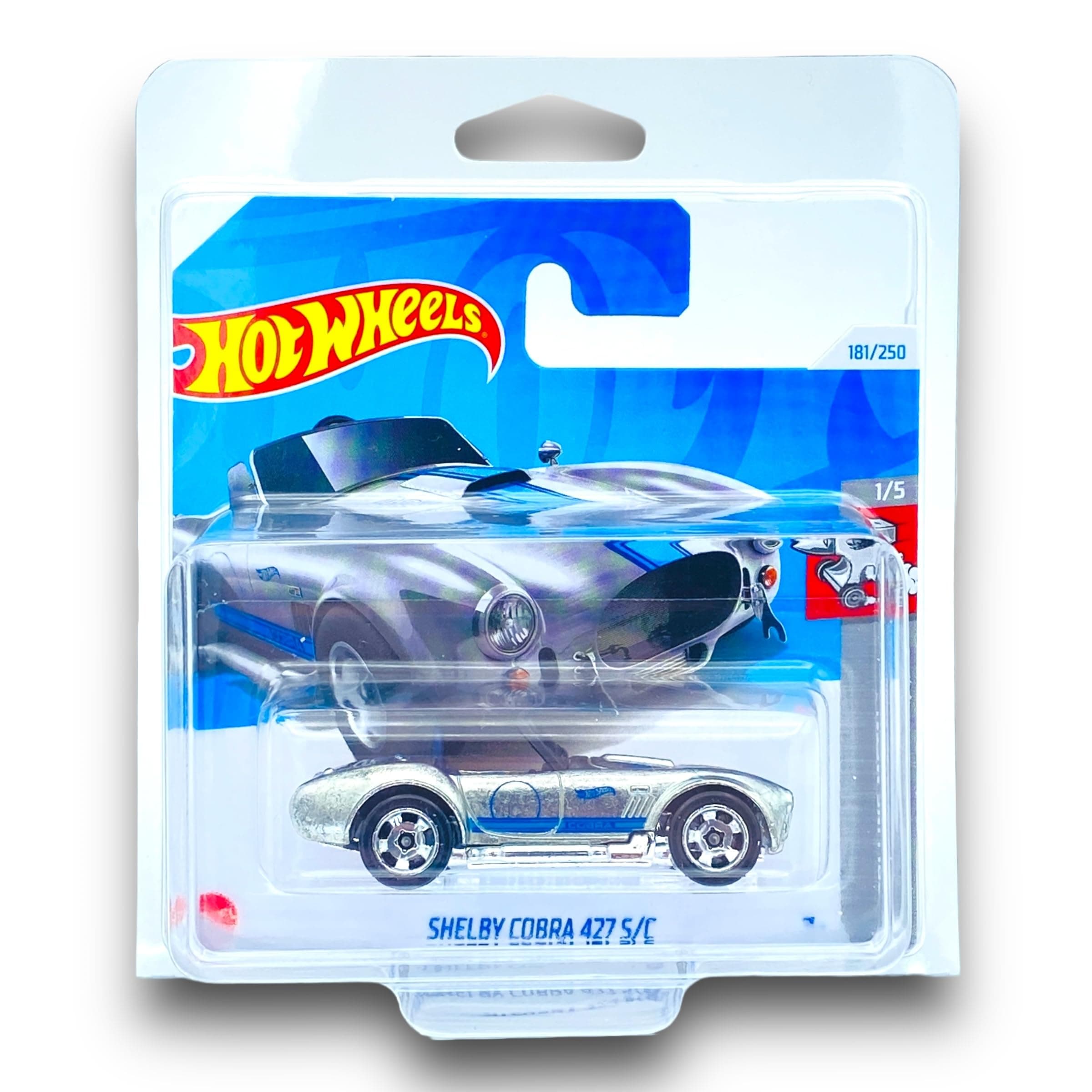Hot Wheels Shelby Cobra 427 S/C (Bare Metal & Blue) 1/5 HW Rolling Metal - 2024-181/250 (Short Card) - includes a KLAS Car Keeper Protector Case - HTB53